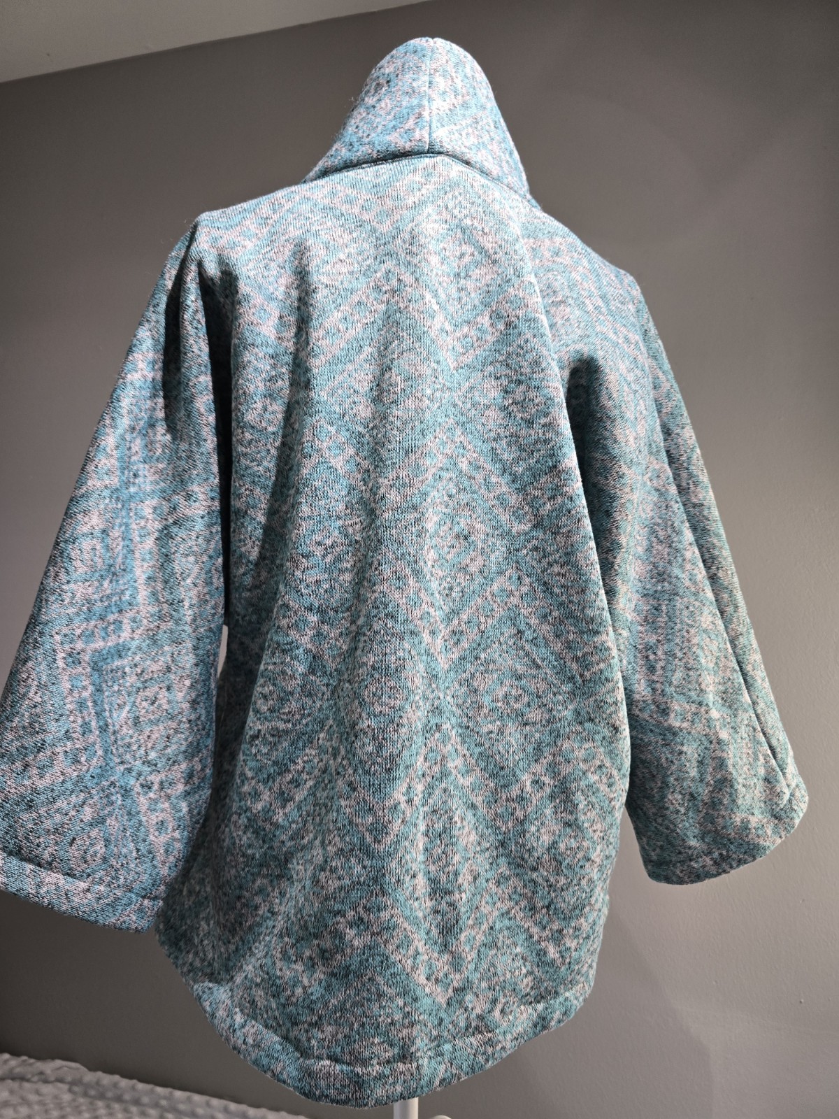 Vintage Handmade Bed Jacket Blazer Cardigan Large XL 3/4 Sleeves Heavy Aqua Gray