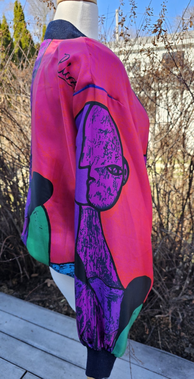 Vtg SHINY SATIN PICASSO ART BOMBER JACKET Sex Education POP ART GRAPHIC SZ L