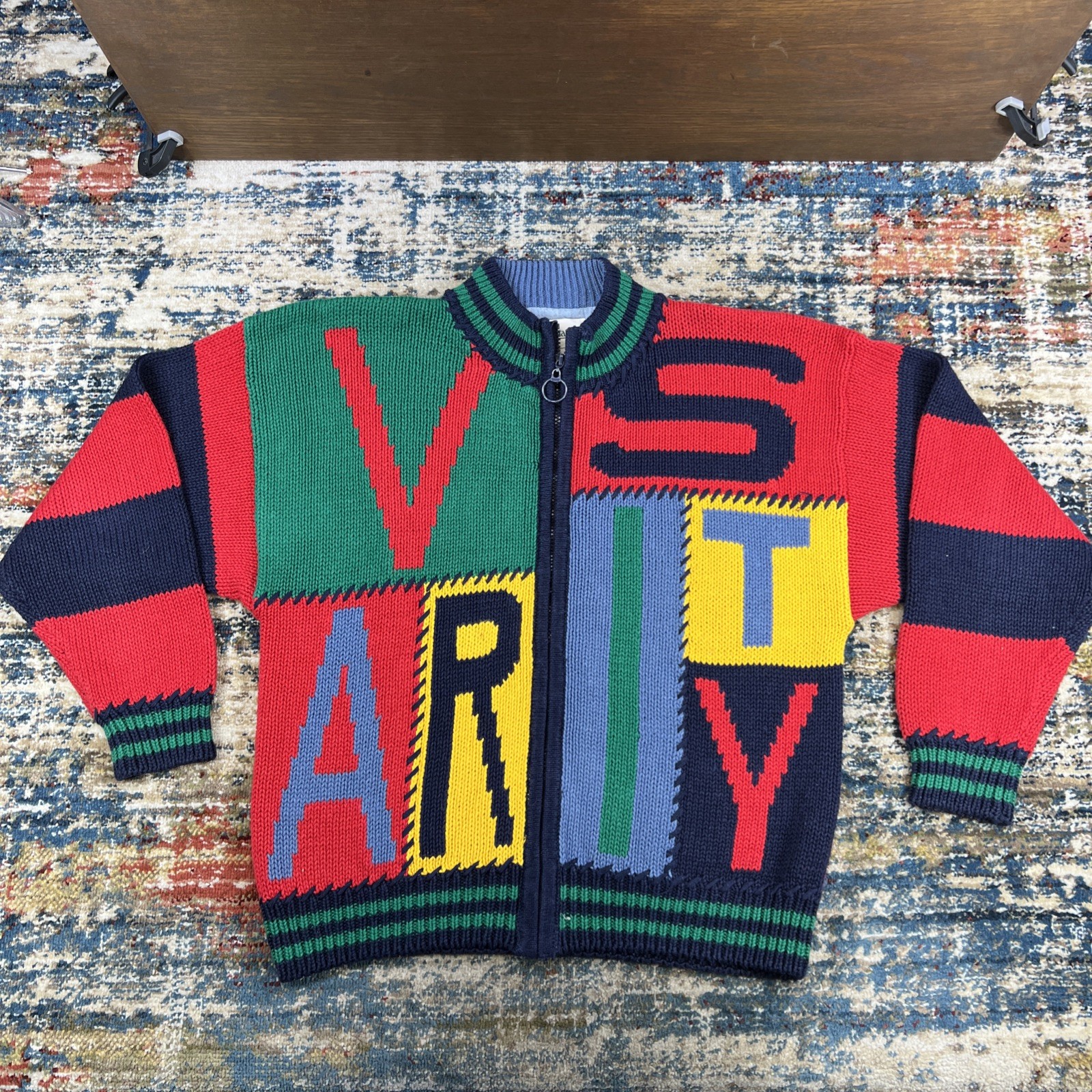 Vtg 90 Sportables “VARSITY” Colorblock Sweater Full Zip Womens Sz L Ramie Blend