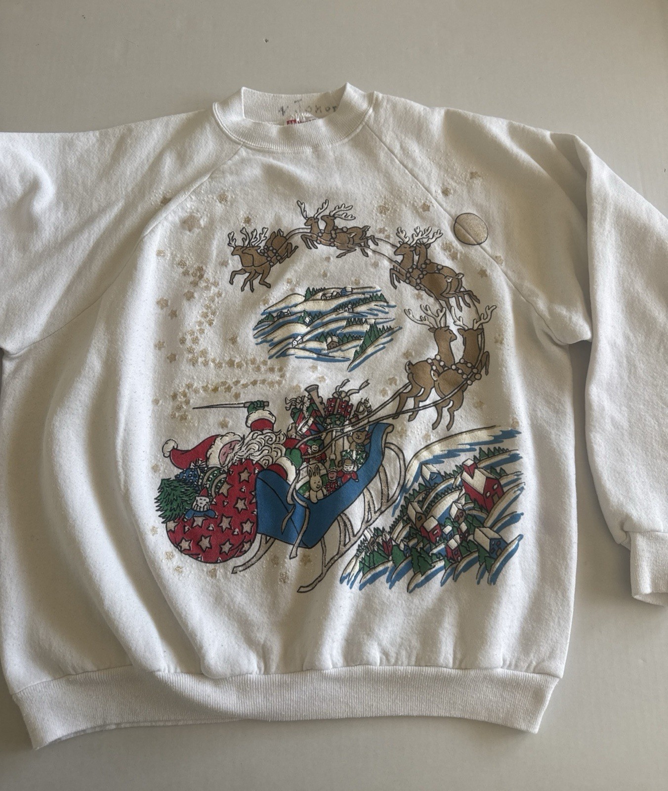 Vintage 80’s Holiday Time XL Santa And Reindeer Long Sleeved Sweatshirt Grandma
