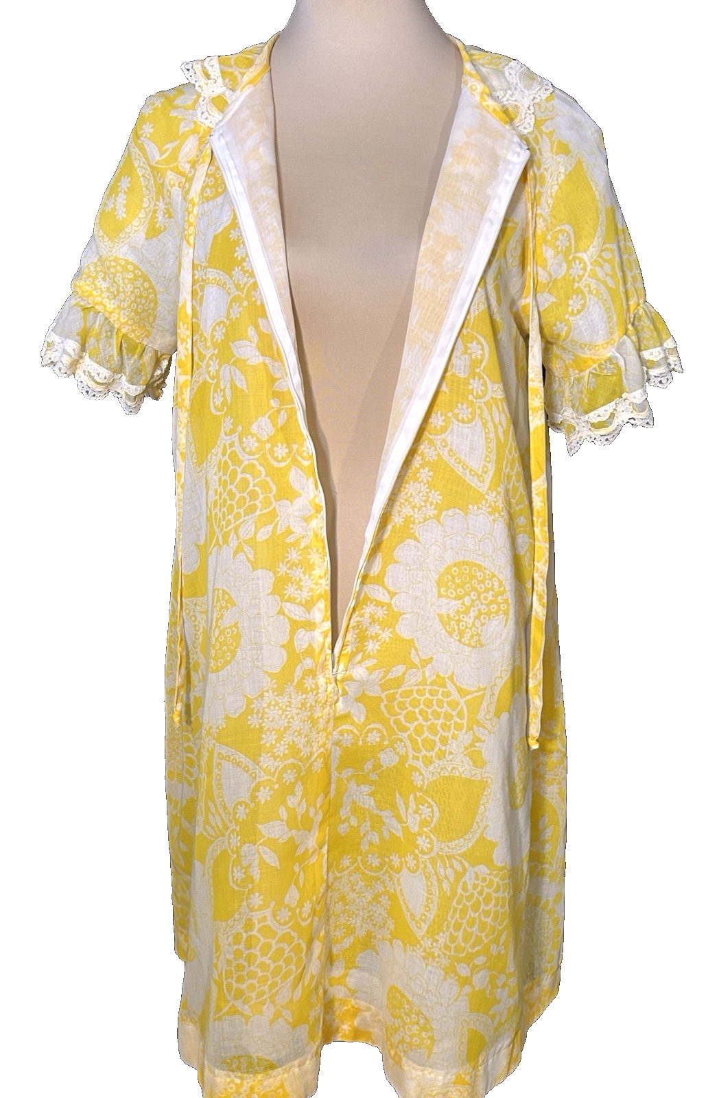 Vintage Paulette MCM Sunny Yellow Floral Ruffle House Dress Pockets Size 12
