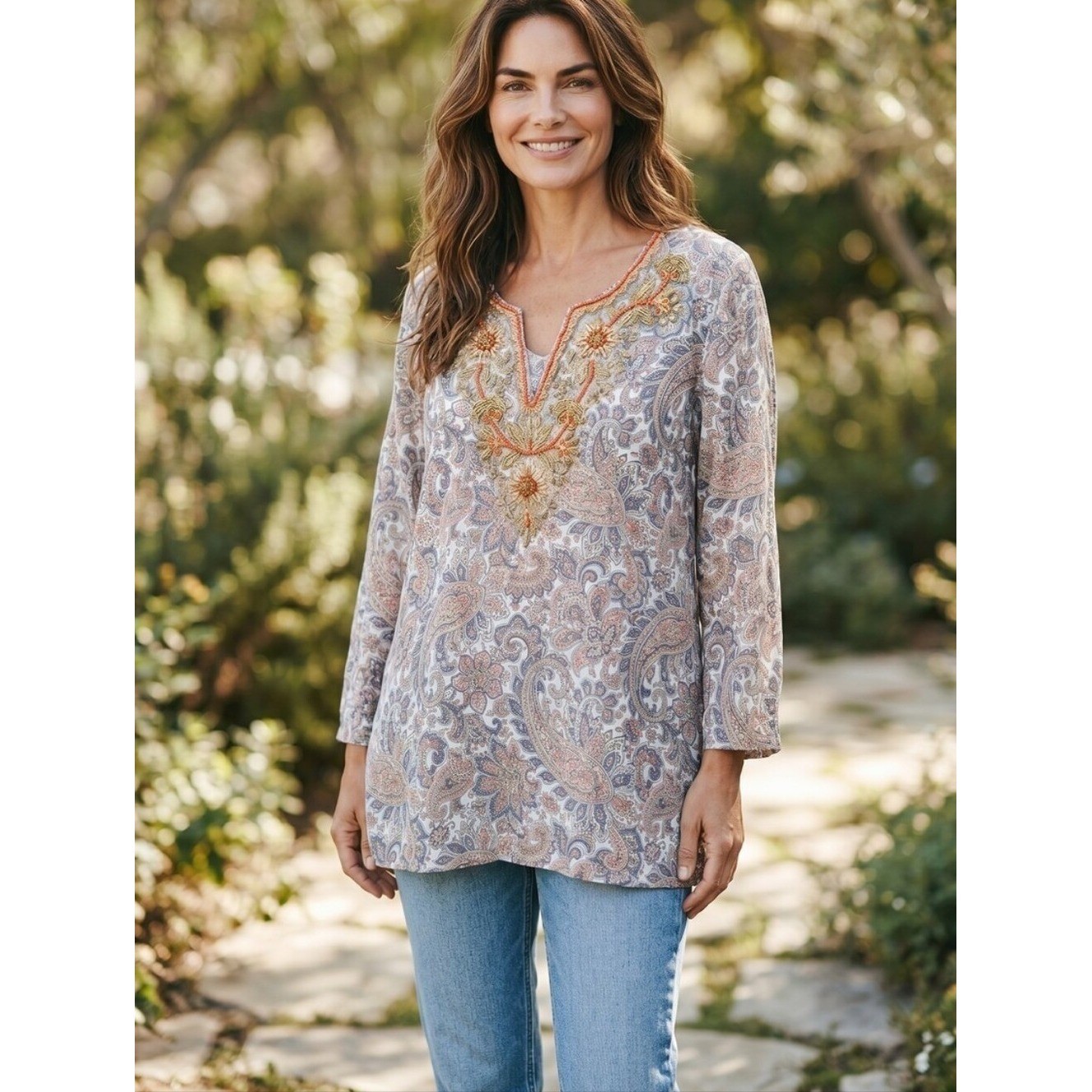 Soft Surroundings Women’s Paisley Embroidered V-Neck Tunic Beaded Gold Sz XL EUC