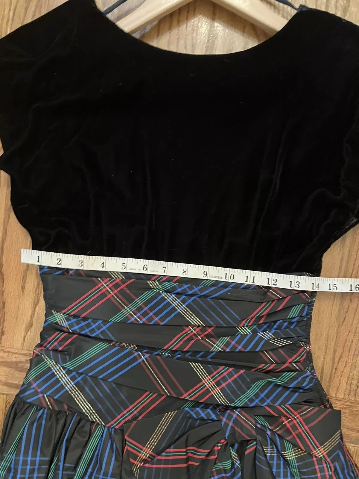 1980s Patty O`Neil Velvet & Plaid Taffeta Evening Dress, Ruching & Bow Size XS-S