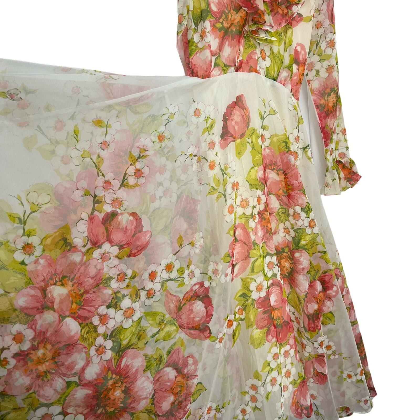 Vintage 70’s Floral Organza Long Gown Ruffle Detail VTG 12
