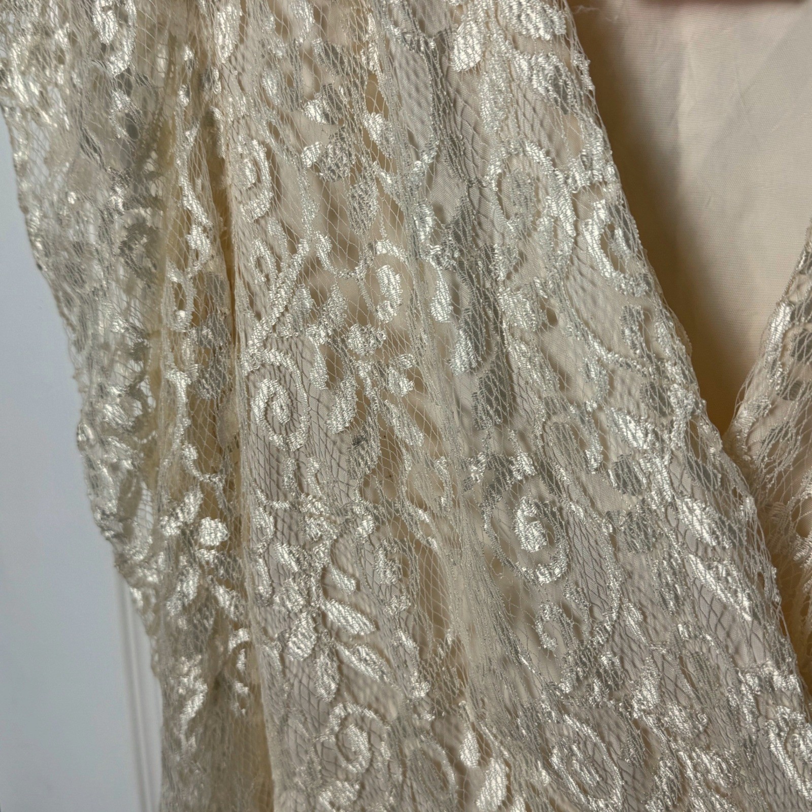 Diamonds Run Dress Women S Cream Lace Draped V-Neck Vintage 80s