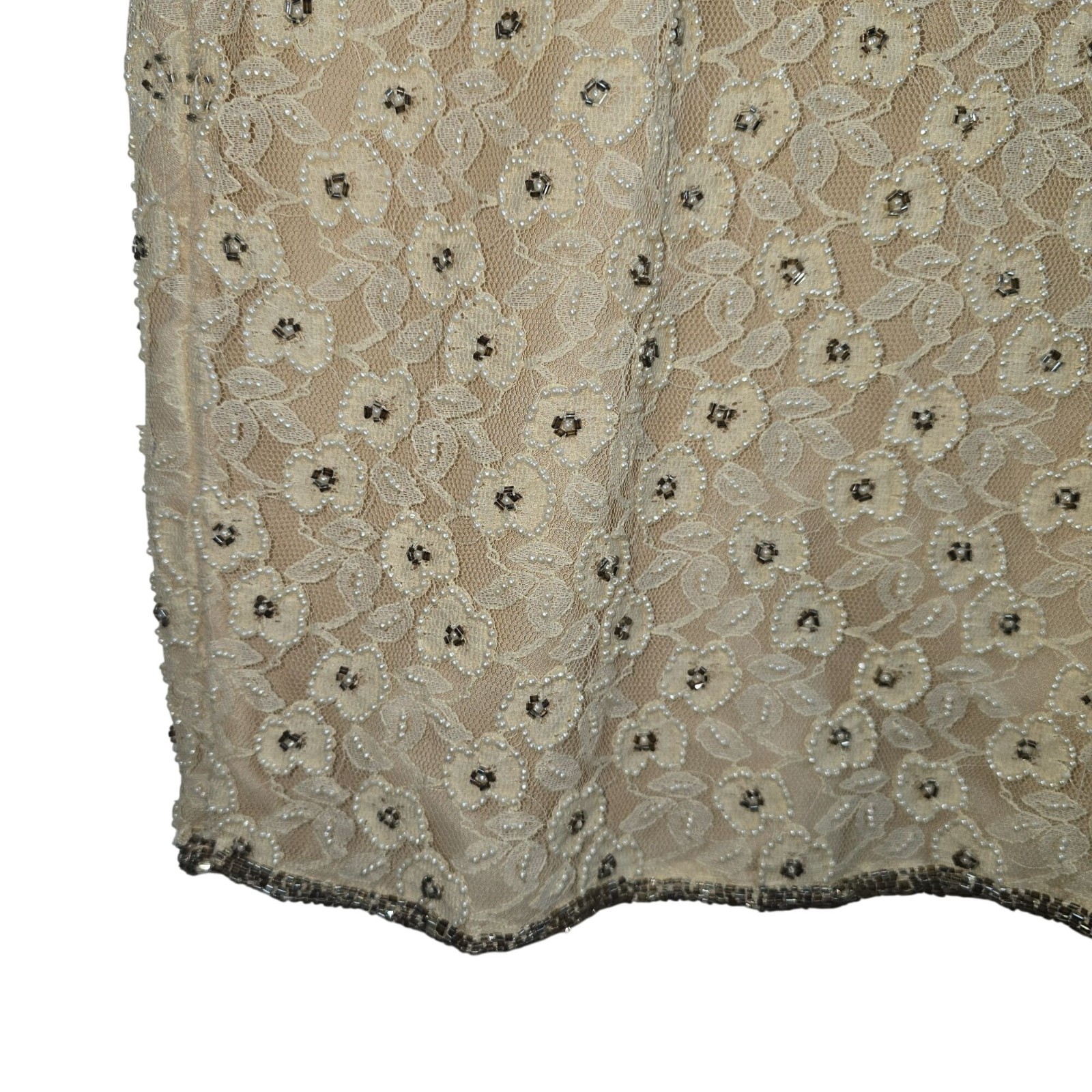 Vintage Stenay White Pearl Silver Bead Champagne Lace Mini Sheath Cocktail Dress