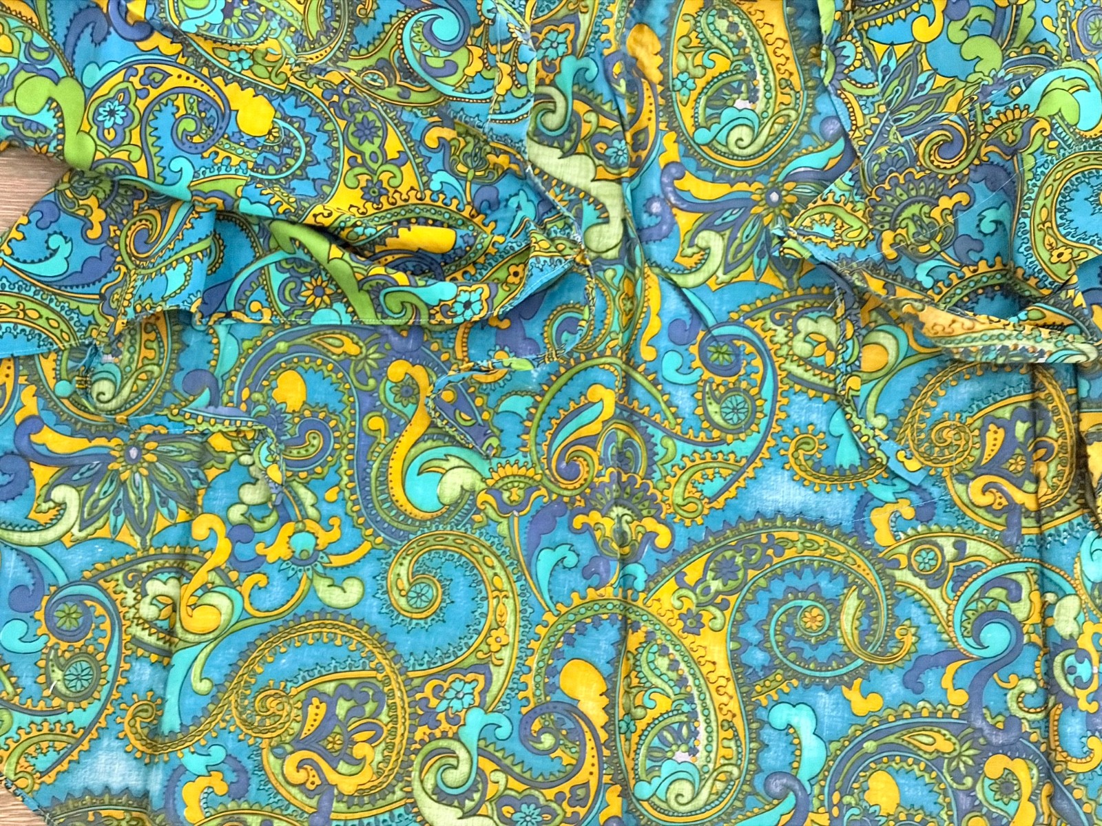 Vintage Womens Paisley Smock Top Blue Green Psychedelic Hippie Boho 60s 70s