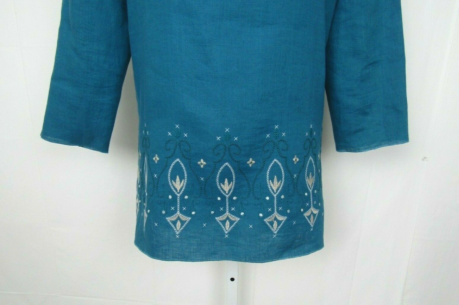 VTG 1980s DANA BUCHMAN TEAL EMBROIDERED LINEN SMOCK TOP & ROPE BELT SIZE 8