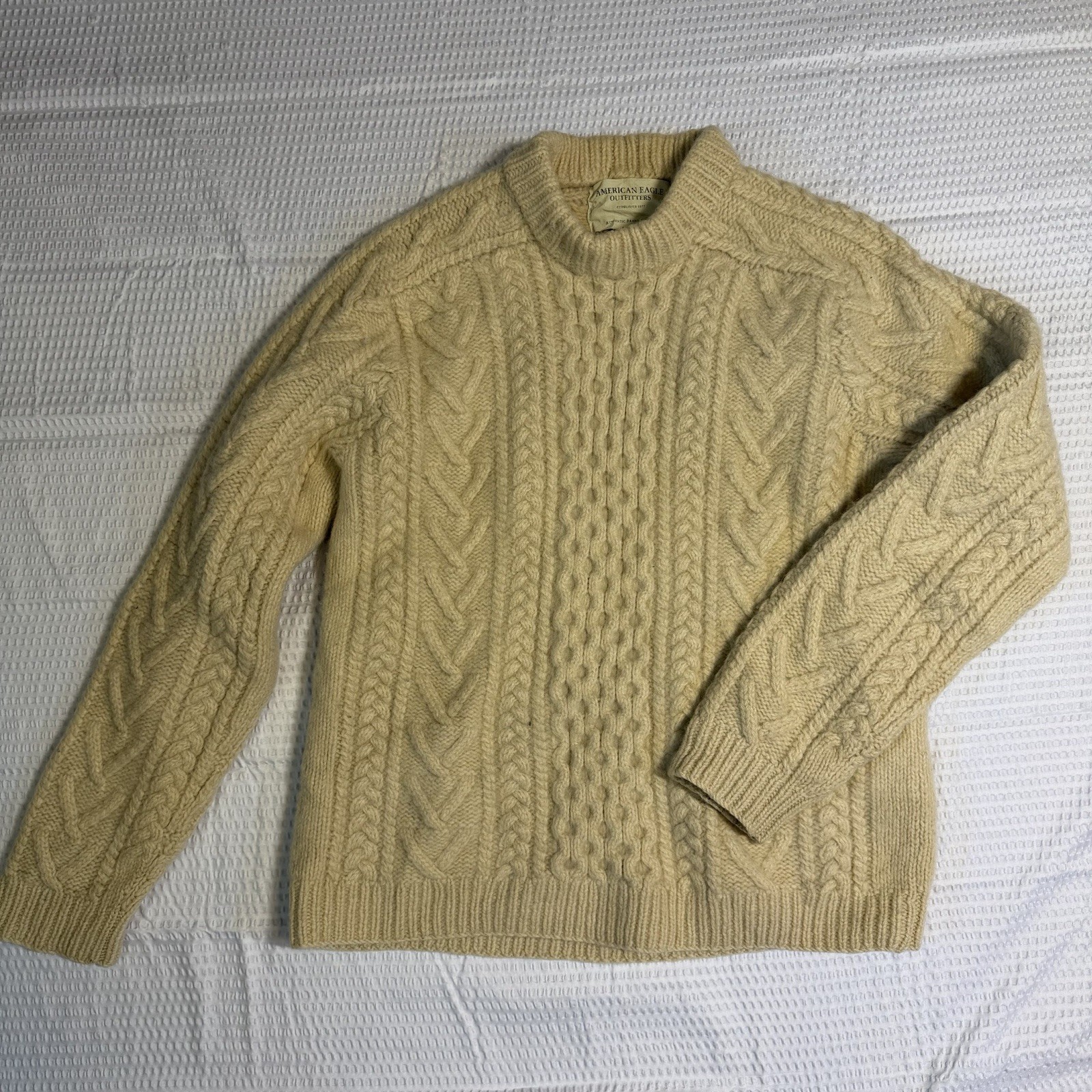VTG American Eagle Beige 100% Wool Cable Knit Fisherman Sweater Handknit Size M