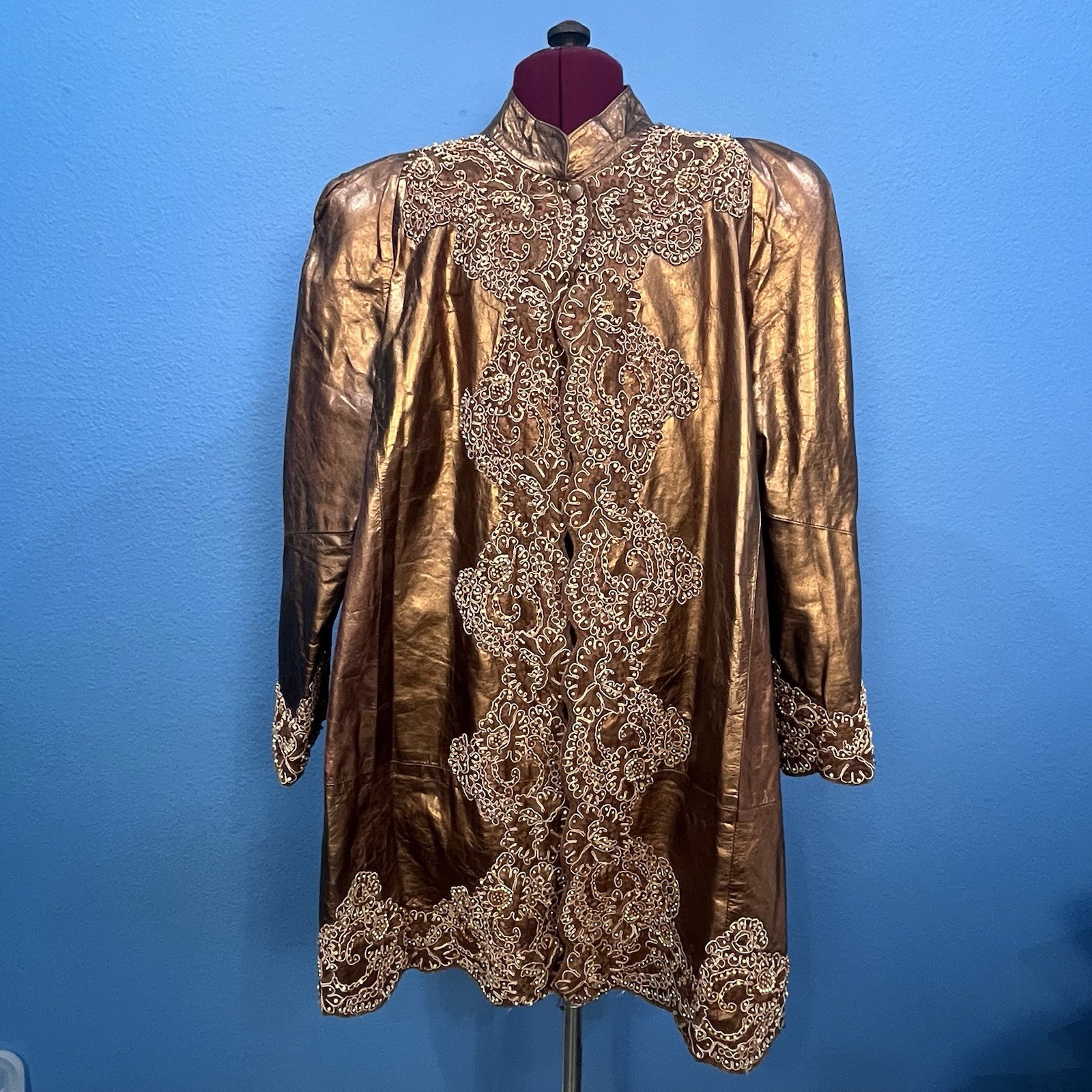 Vintage French Collizioni Bronze Leather Open Jacket Beaded Details Loud Size X