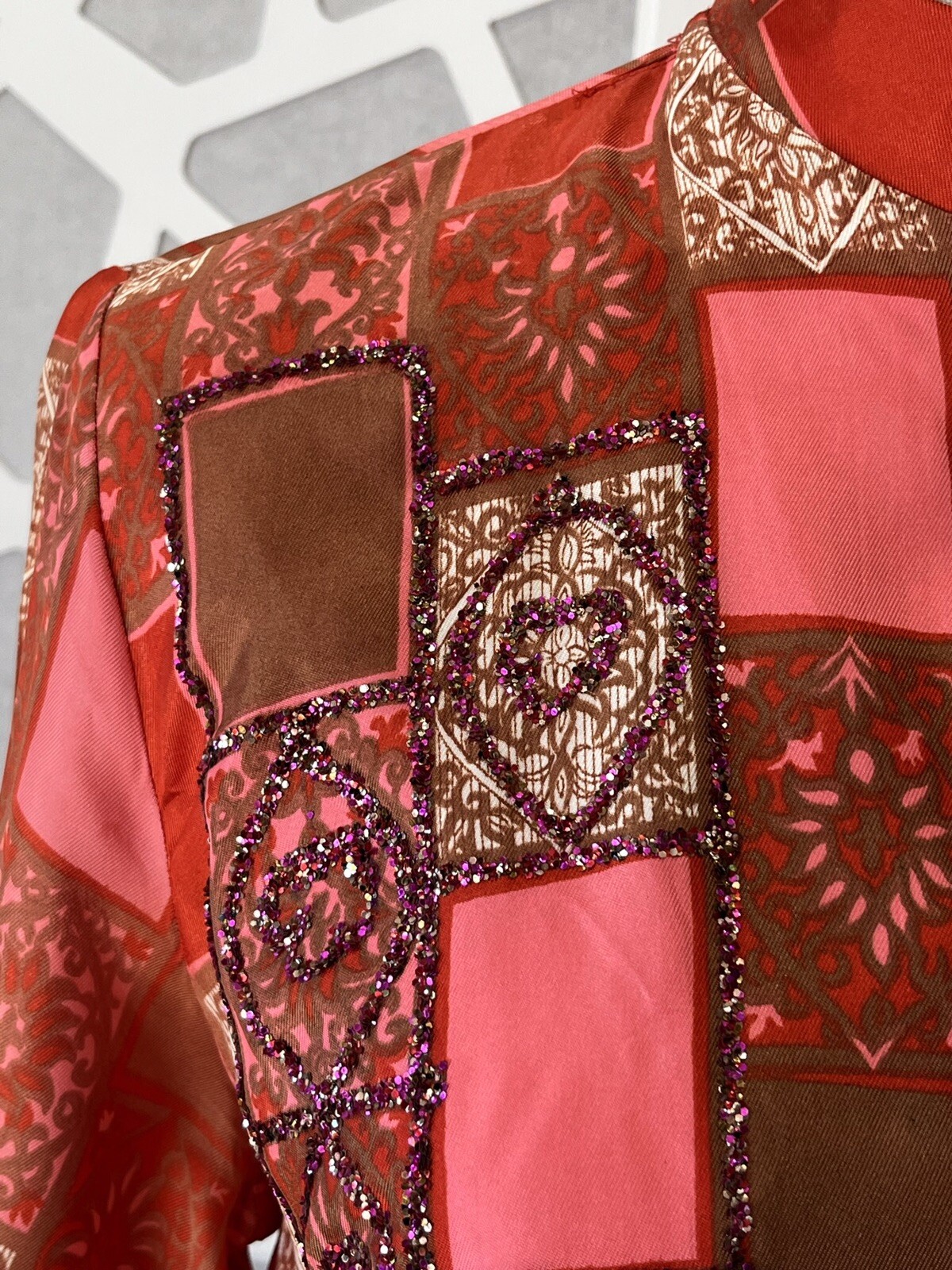 Vintage 60s 70s Fashioned by Gregory pink & brown shirt glitter women’s L