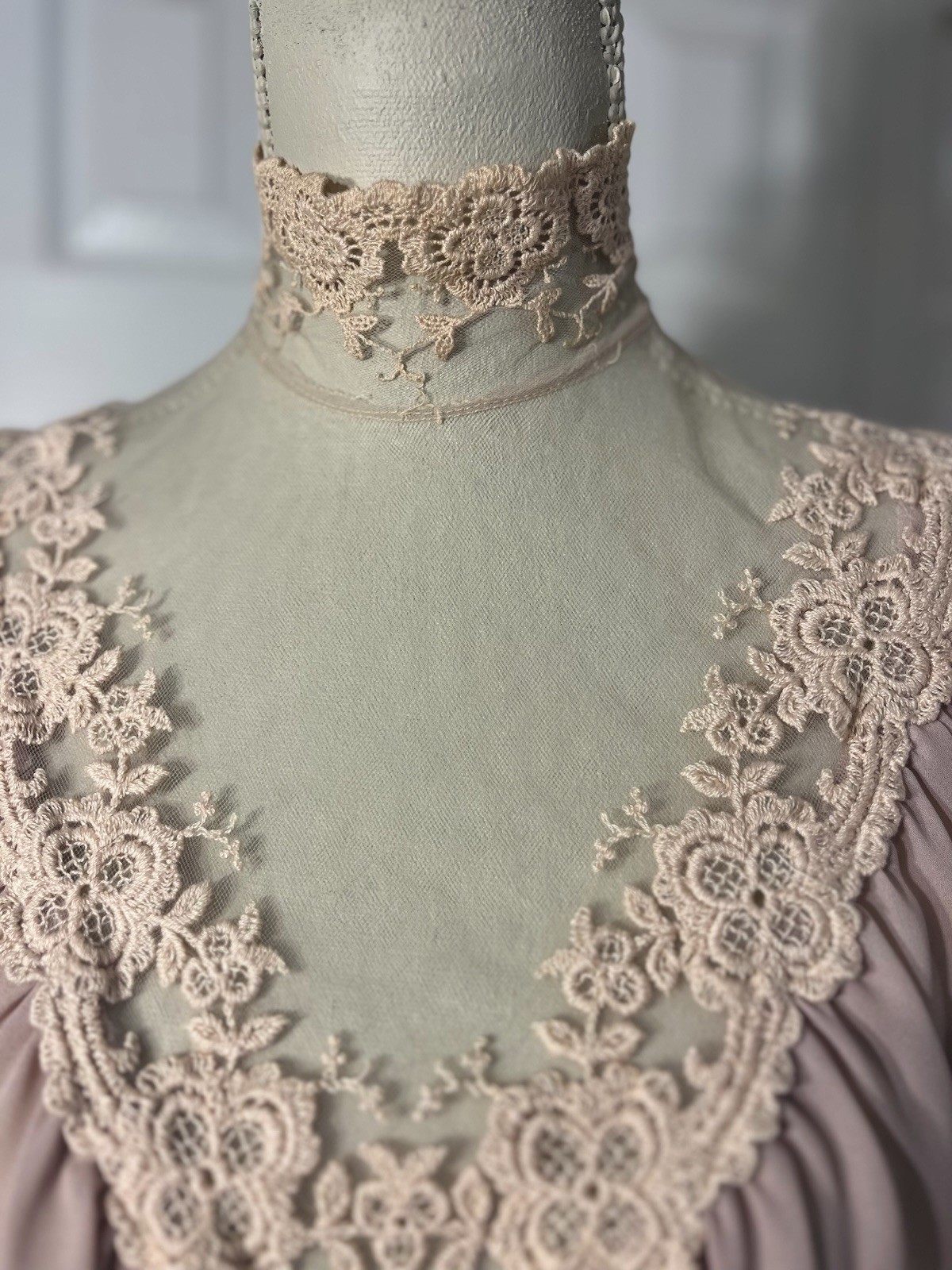 Victorian Chiffon Net Lace Blouse Sand Beige High Neck S/M