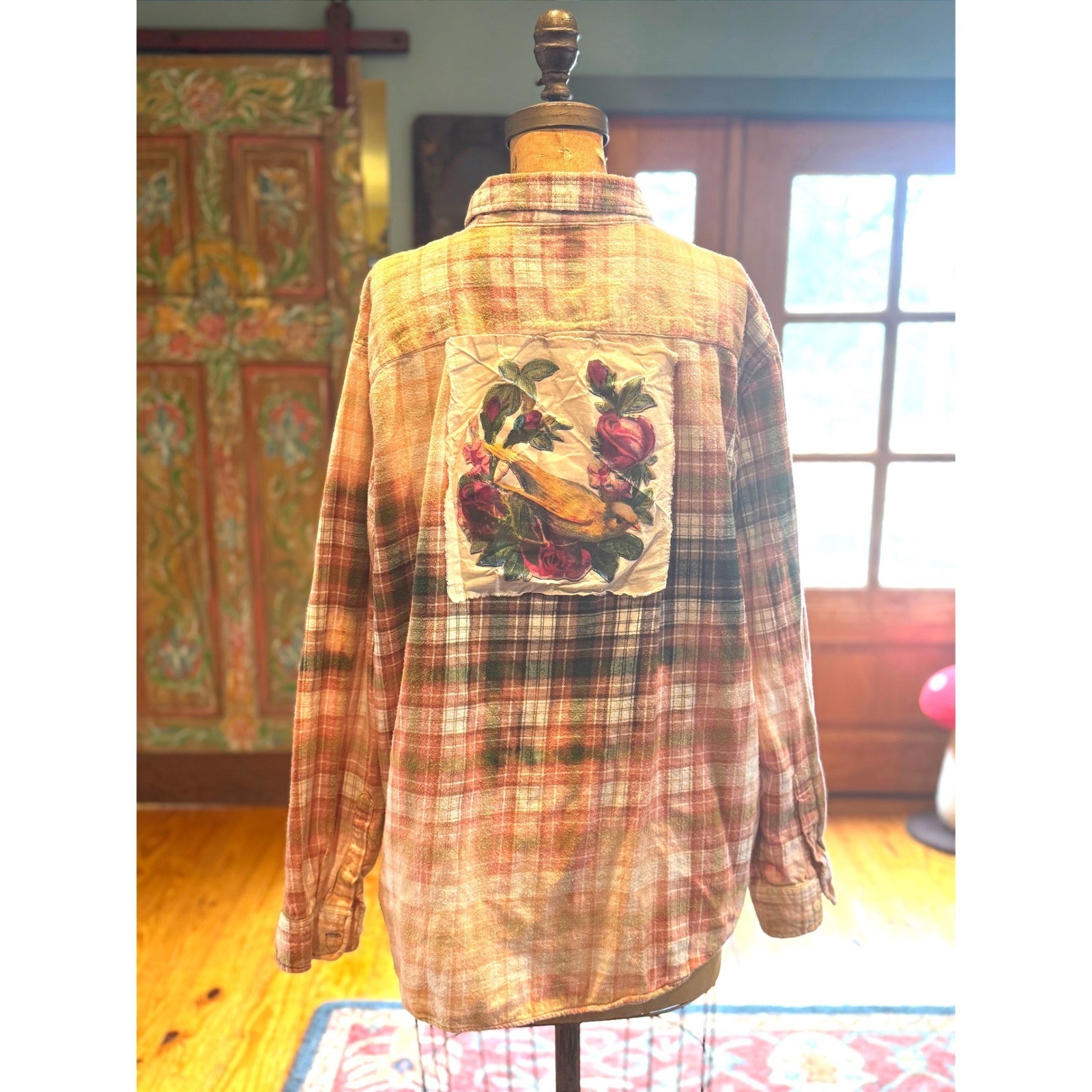Upcycled Bird Rose Flannel Shirt XXL Cotton Folk Art Grunge