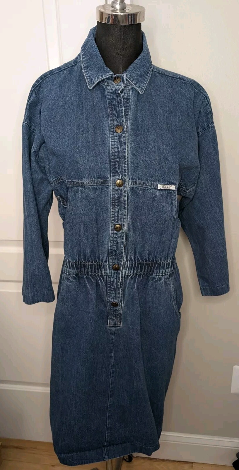 Vintage 1980s IDEAS Denim Jumpsuit Made In USA Medium Excellent Snap 3/4 Sleeves