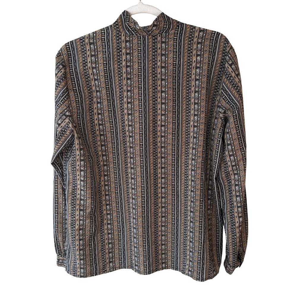 Vintage 80s 90s Tan Jay Striped Long Sleeve Blouse with Bow Size 16 Retro Office