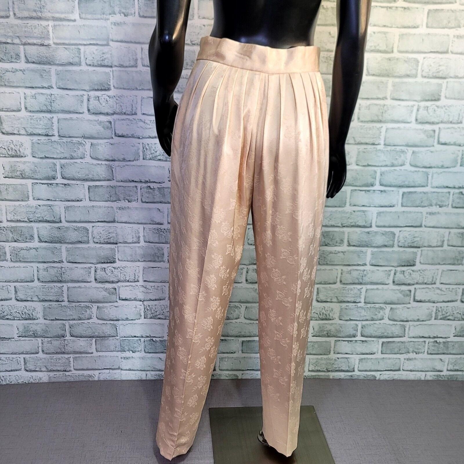 Vintage 80s 90s Blush Satin Brocade Pants High Waist Pleated Tapered Trousers