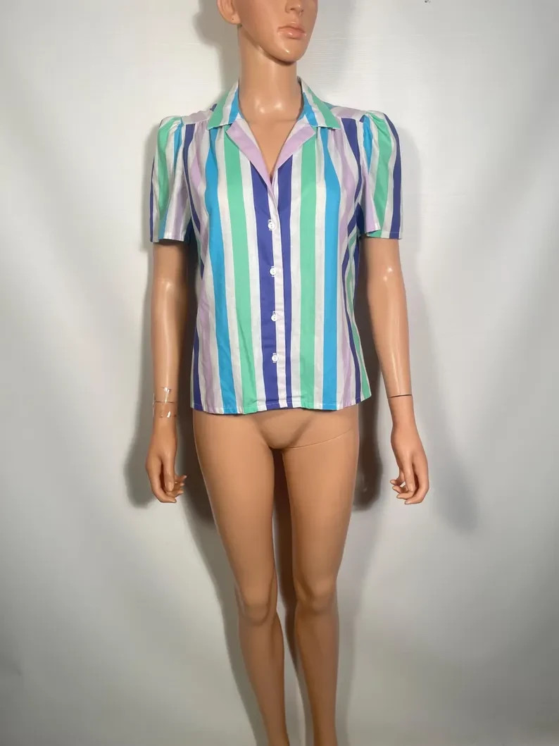 Vintage 1970s Pastel Striped Blouse Size S/M