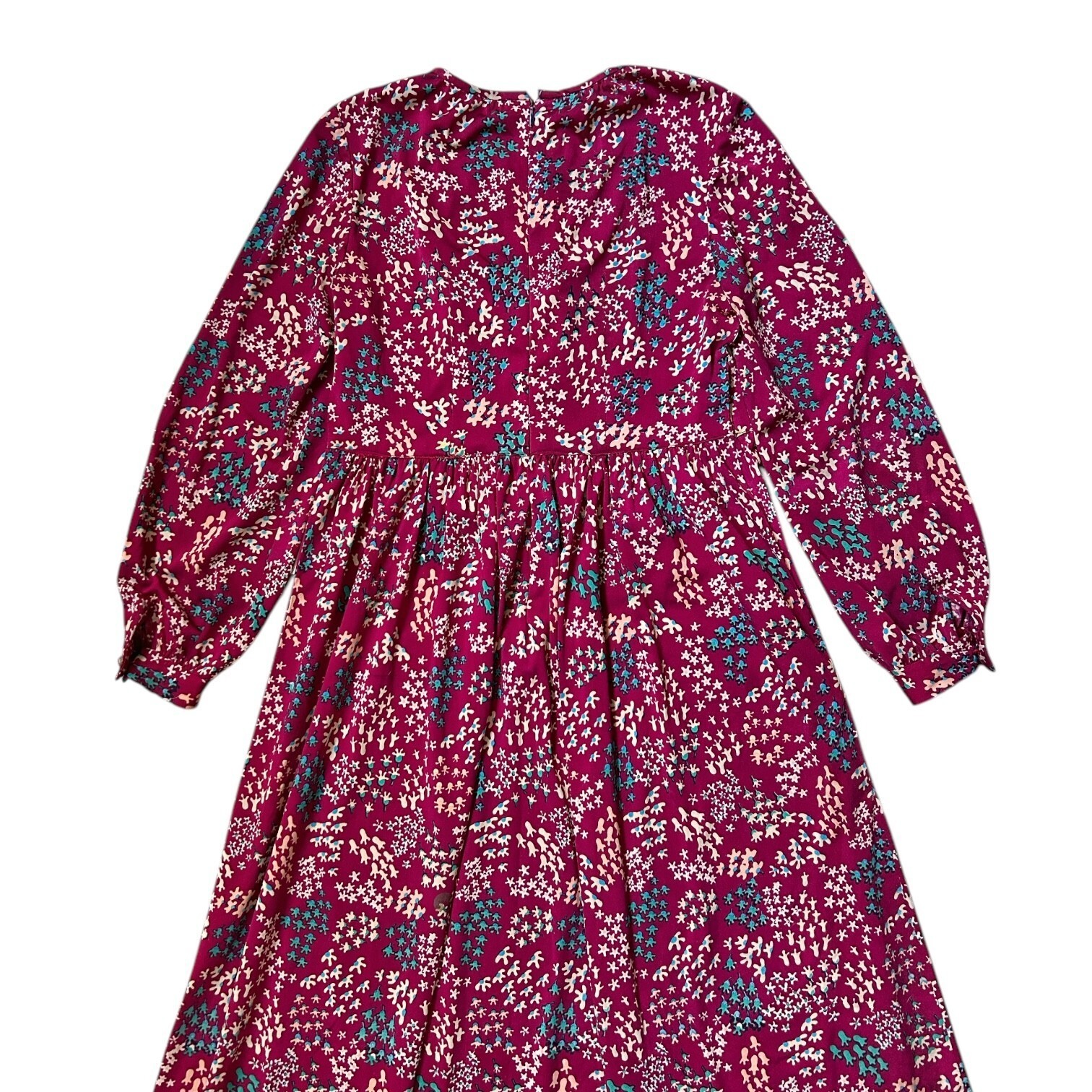 70s vintage floral hippy dress maxi puff balloon sleeve abstract retro pattern.