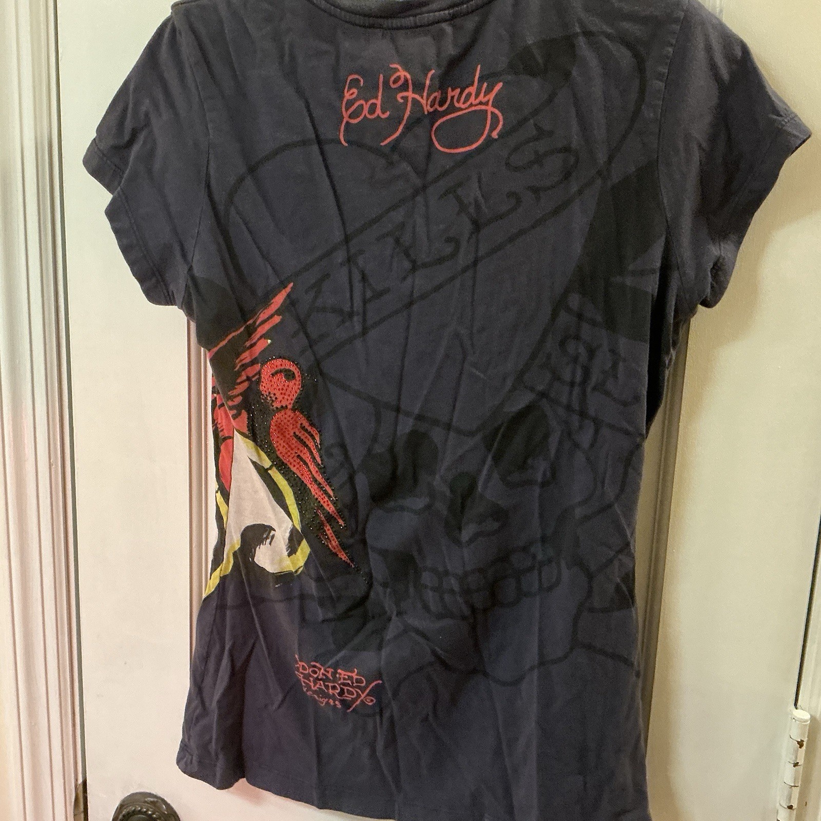 Woman’s Mid 2000’s Archival Y2K Don Ed Hardy Designs Skulls Rhinestone Shirt
