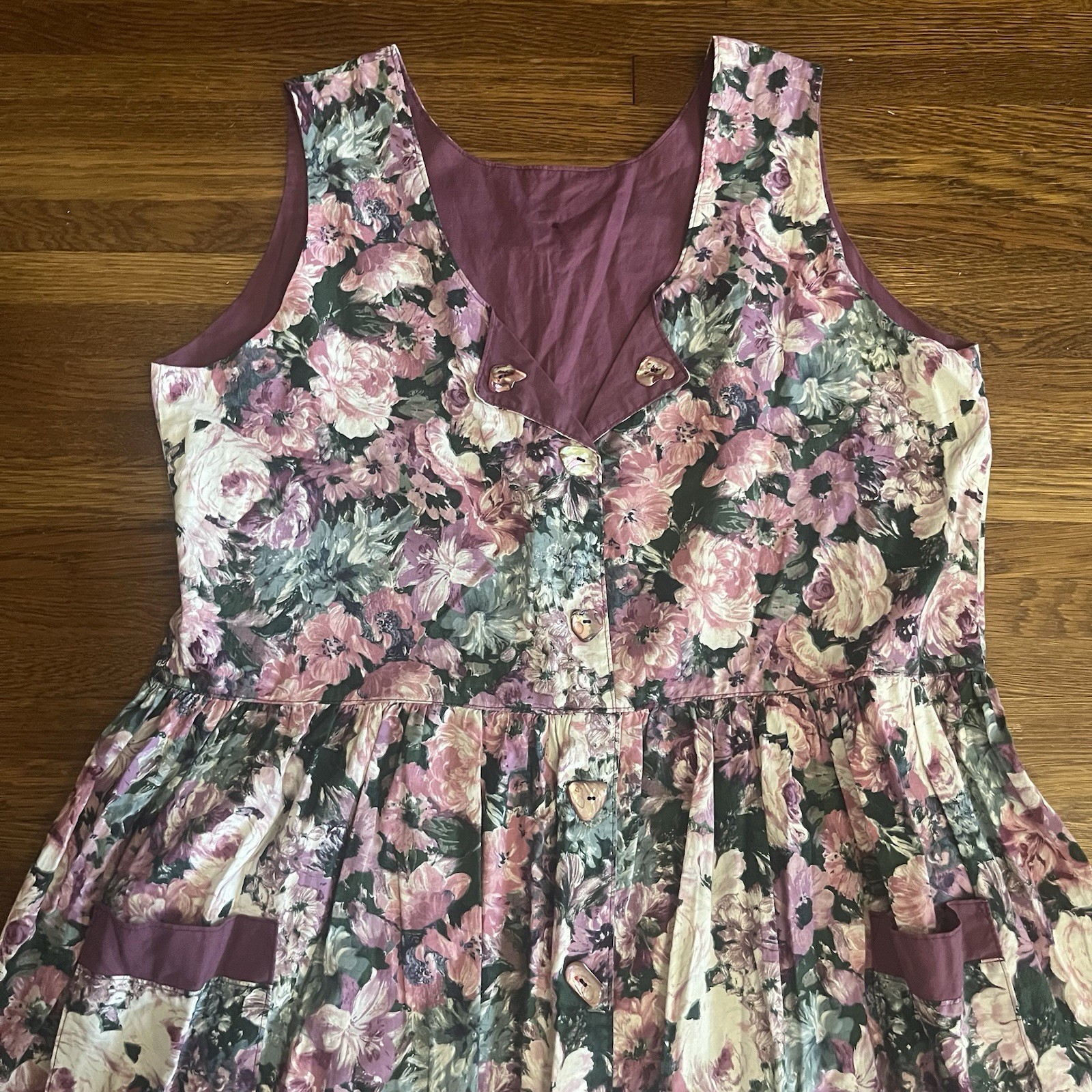 VTG Country Floral Jumper Dress Midi Mauve Rose Trad Cottage Prairie M L Cotton