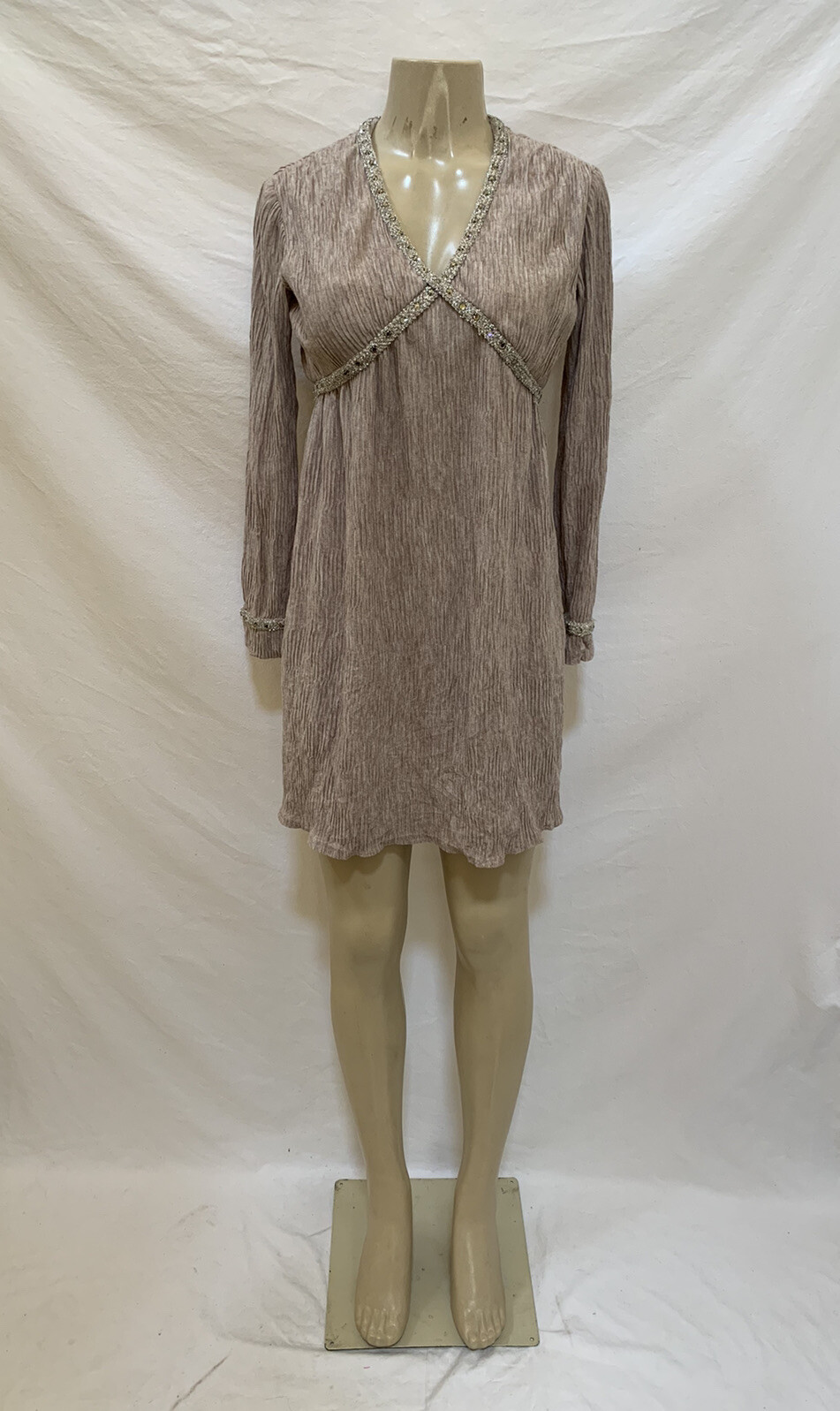 VTG 1960s Mr Mort By Stan Herman Size 7 Beige Long Sleeve Dress W/Rhinestone
