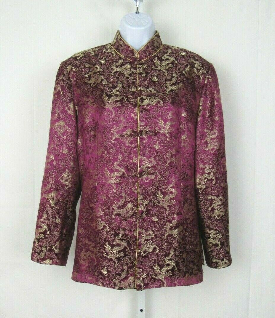 VTG 1950s 60s KIMONO STYLE JACKET BOYSENBERRY GOLD EMBROIDERY FROG BUTTONS