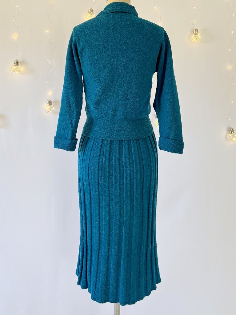 Vtg 40s 50s Knit Set Cardigan Sweater Skirt Teal Blue Chenille Wool Size S/M