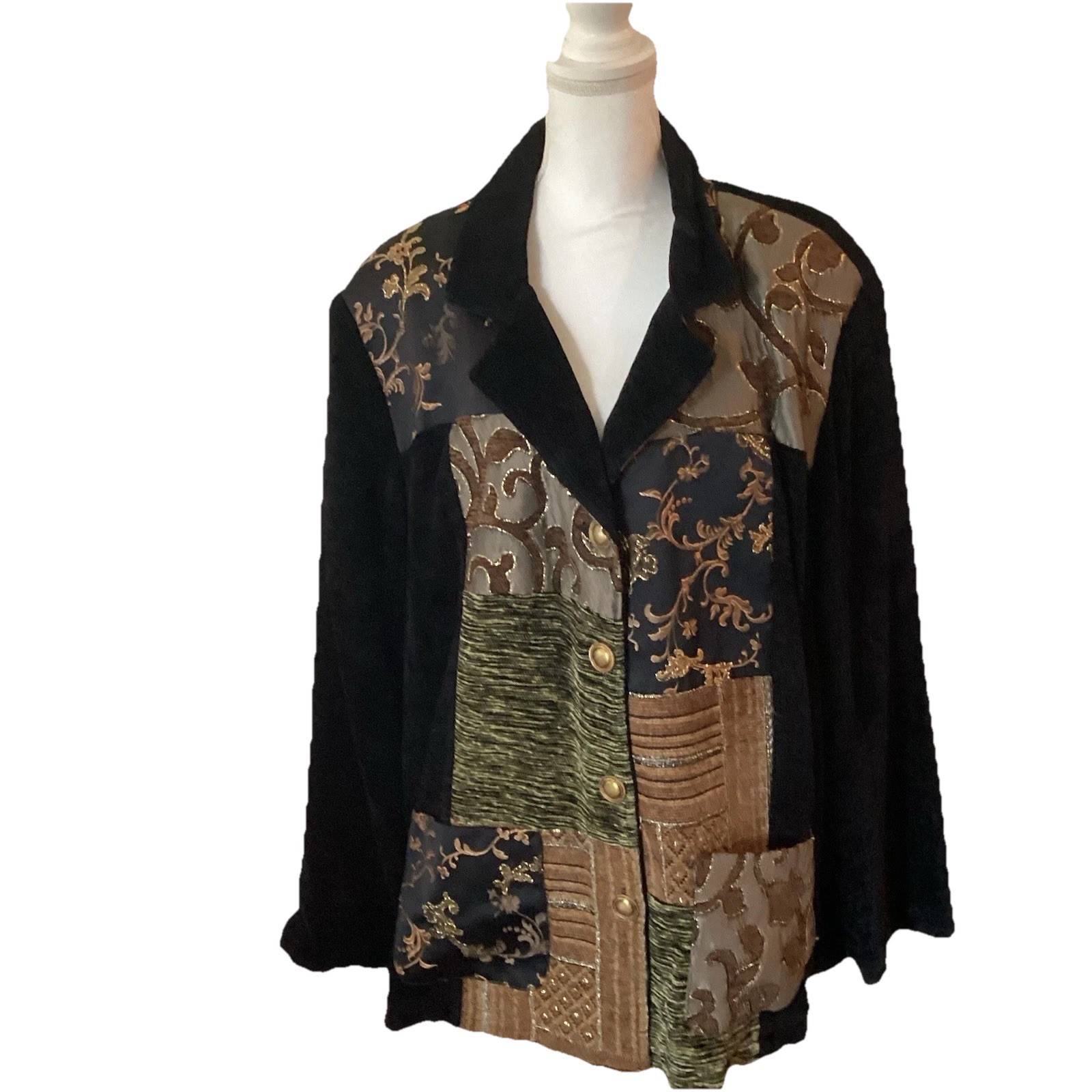Vtg Maggie Barnes Jacket Retro Patchwork Boho Embroidered Chenille 3X Black Gold