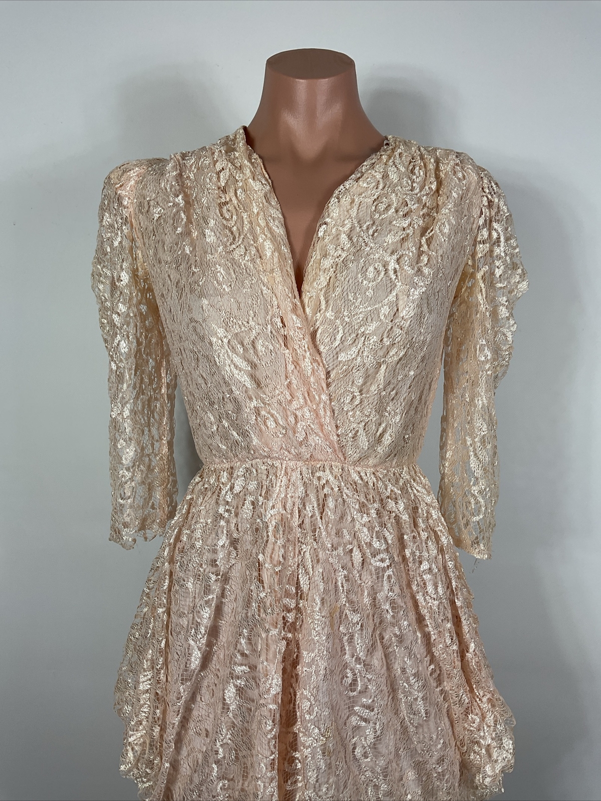 Vintage 80s Tulip Hem Peach Lace Dress Puffy Sleeve Party Prom Cocktail S/M