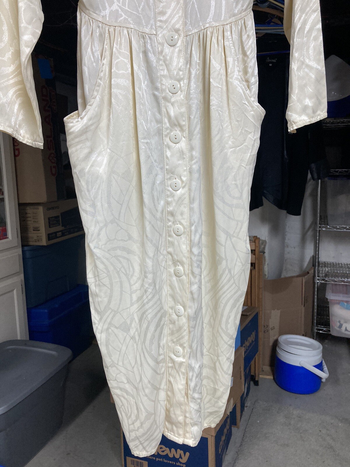 Vintage 90s  White Cream Silk-like Dress.size 3 buttons down the front 