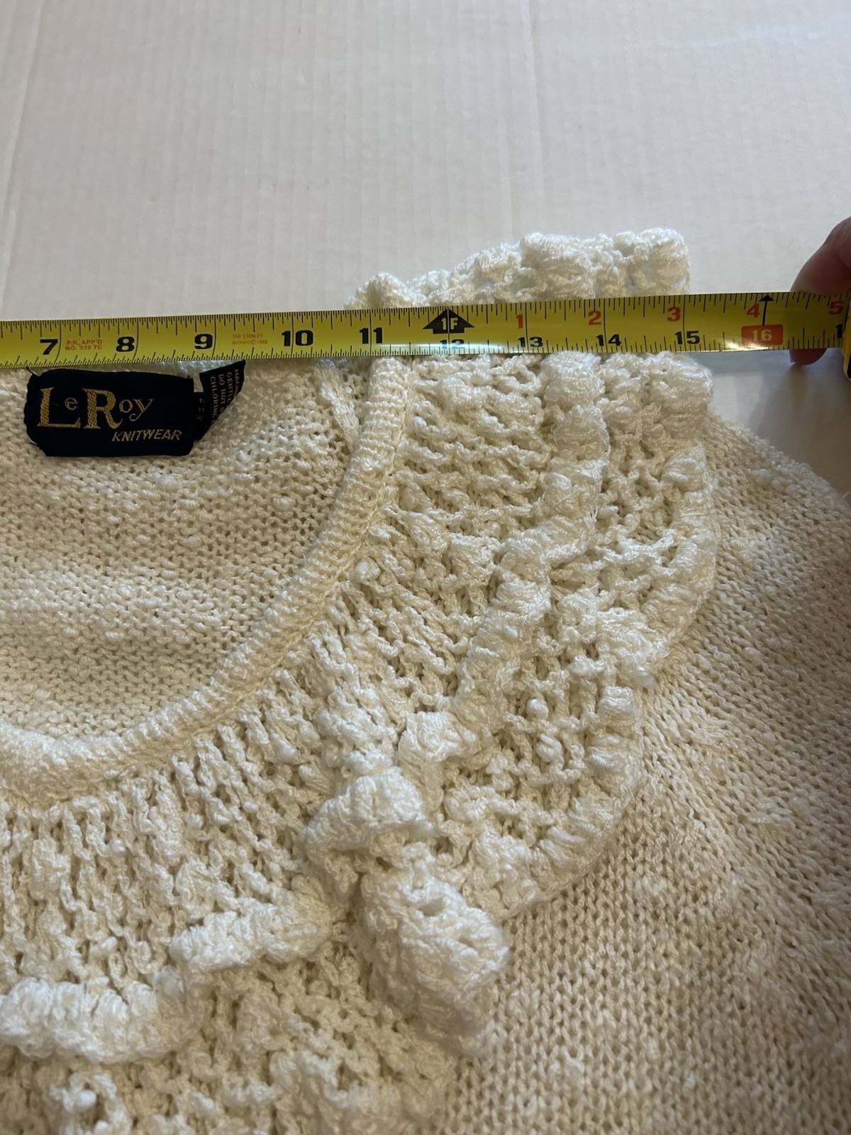 Vtg 80s LeRoy knitwear Ivory Sweater Sz Small Ruffle Crochet Cottagecore Frilly