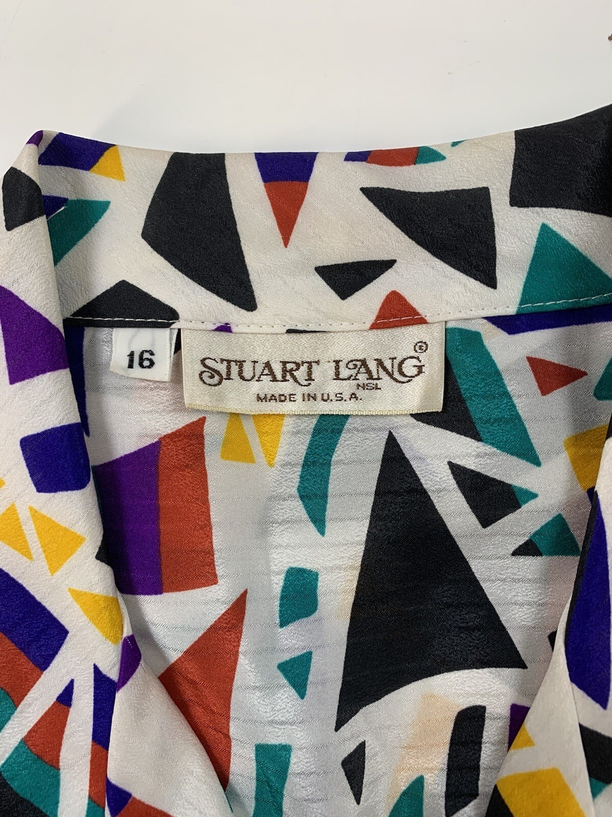Vtg 80s Stewart Lang Blouse Multicolor Geometric Print Silky Poly Long Sleeve 16