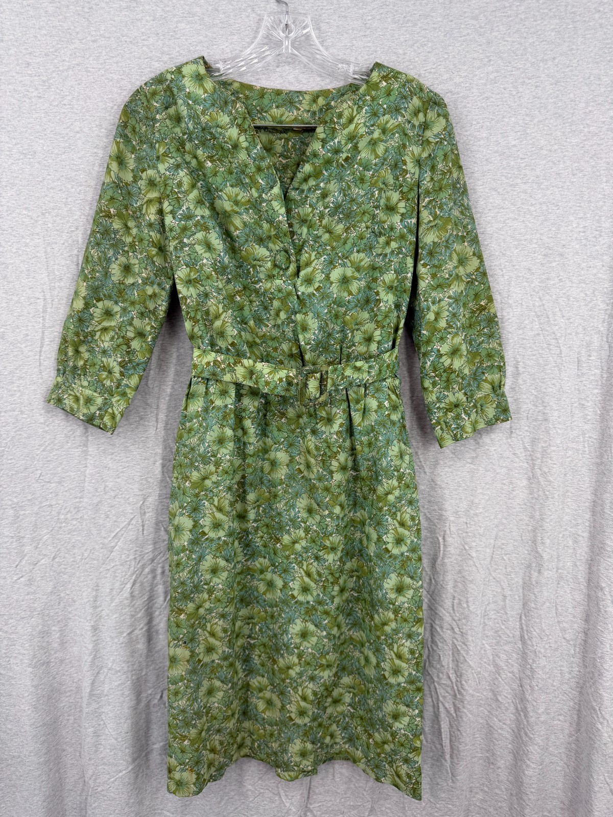 True Vintage 50s Floral Belted Blouson Dress Housewife Chic Green Brown