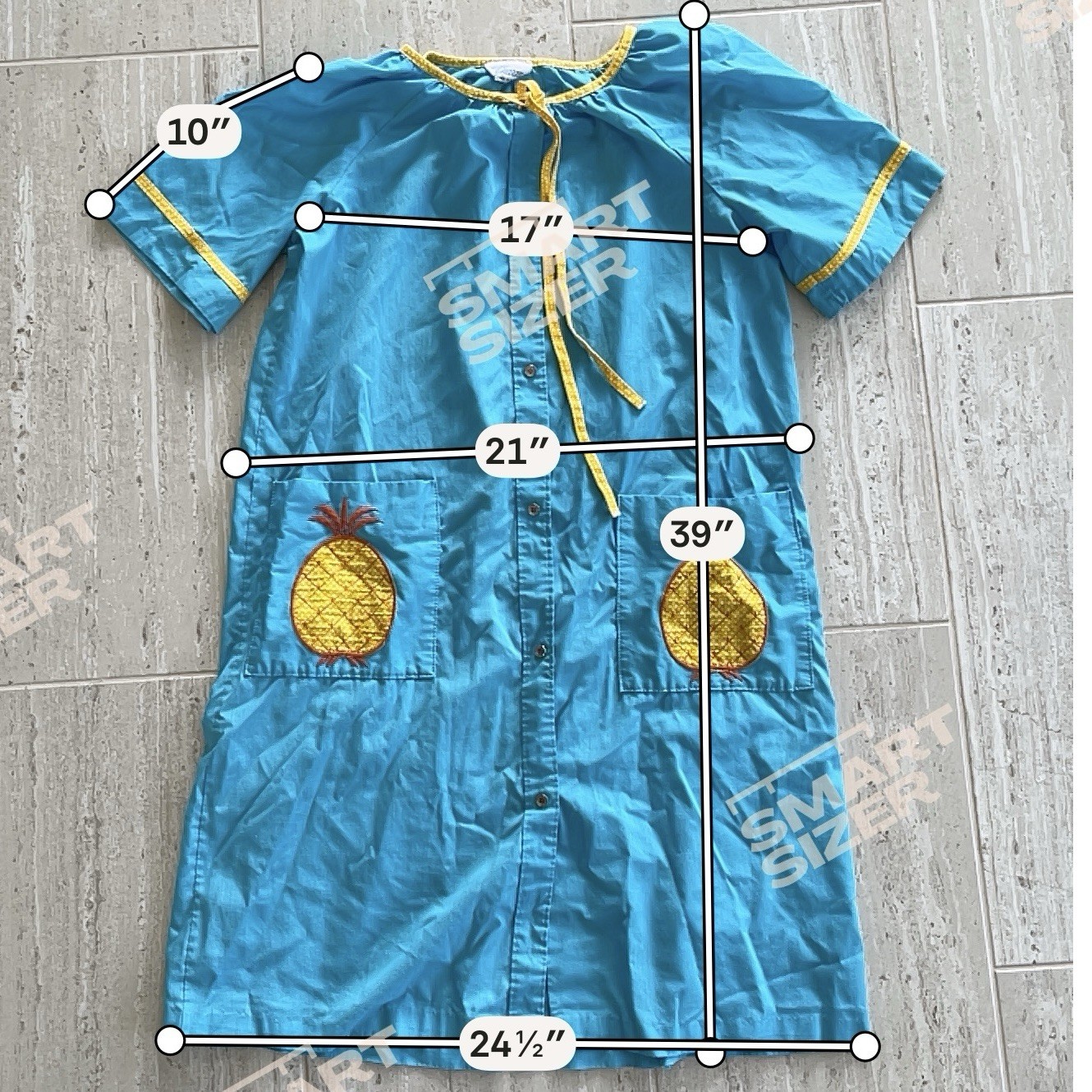 Vintage It’s A Charm Pineapple House Dress Blue Yellow Dot Size L Made In USA