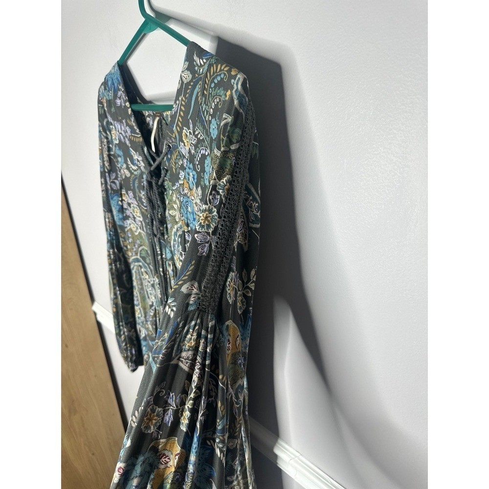 Free People Mini Dress Boho Baby Doll Lined Moss green S/P Peasant Flowy 80s