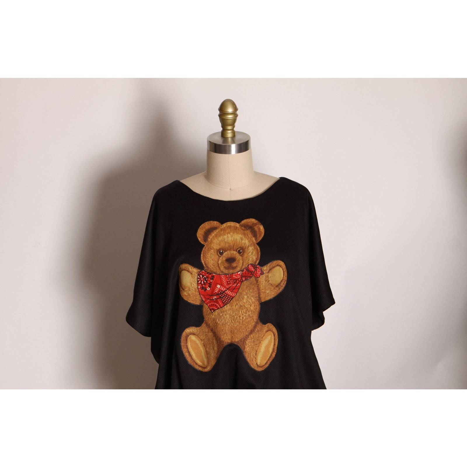 1970s Black Brown Red Short Sleeved Draped Western Bandana Teddy Bear Blouse