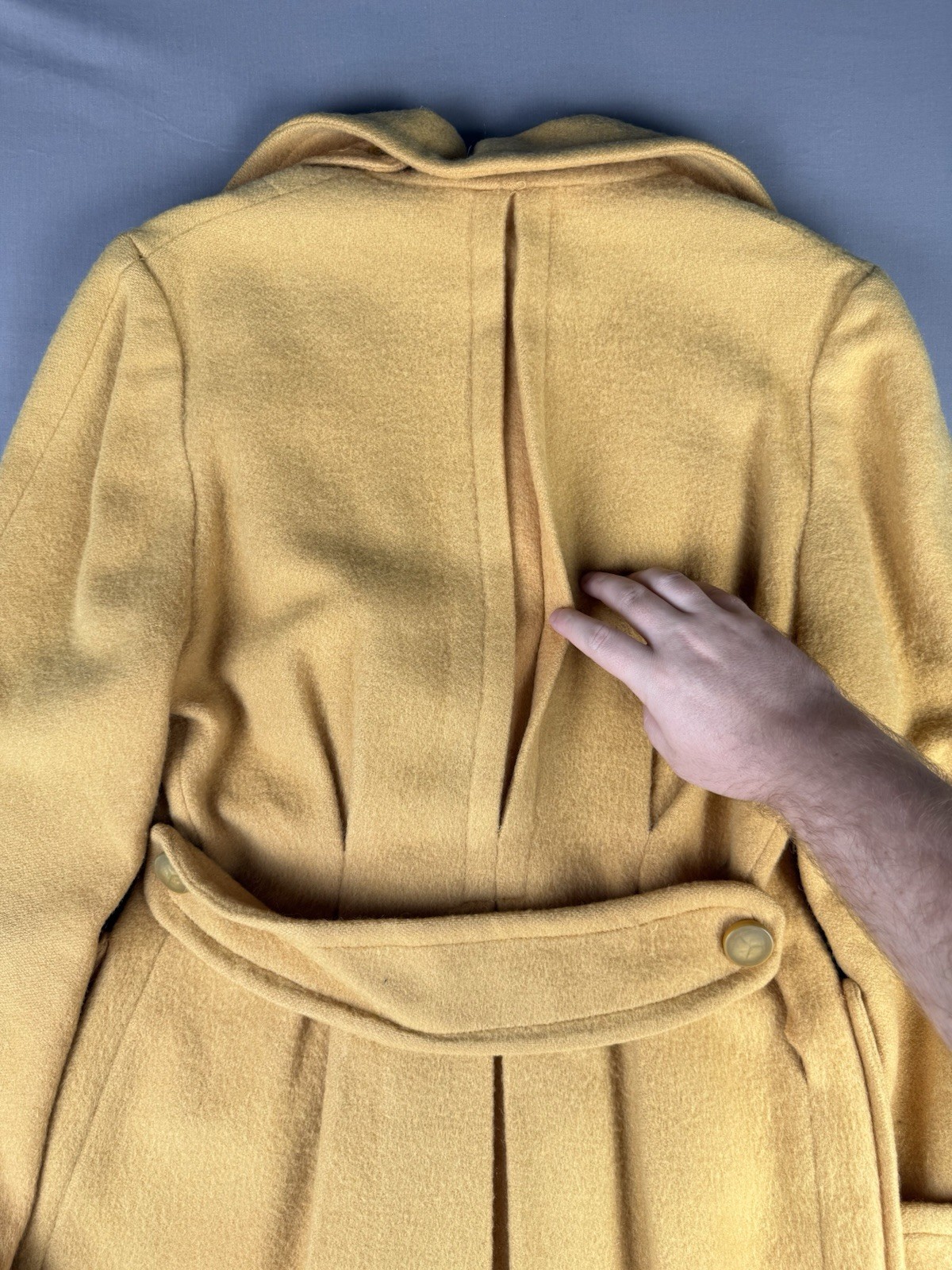 60’s VINTAGE Yellow Wool Double Breasted Women’s Pea Coat Size Medium Half Belt