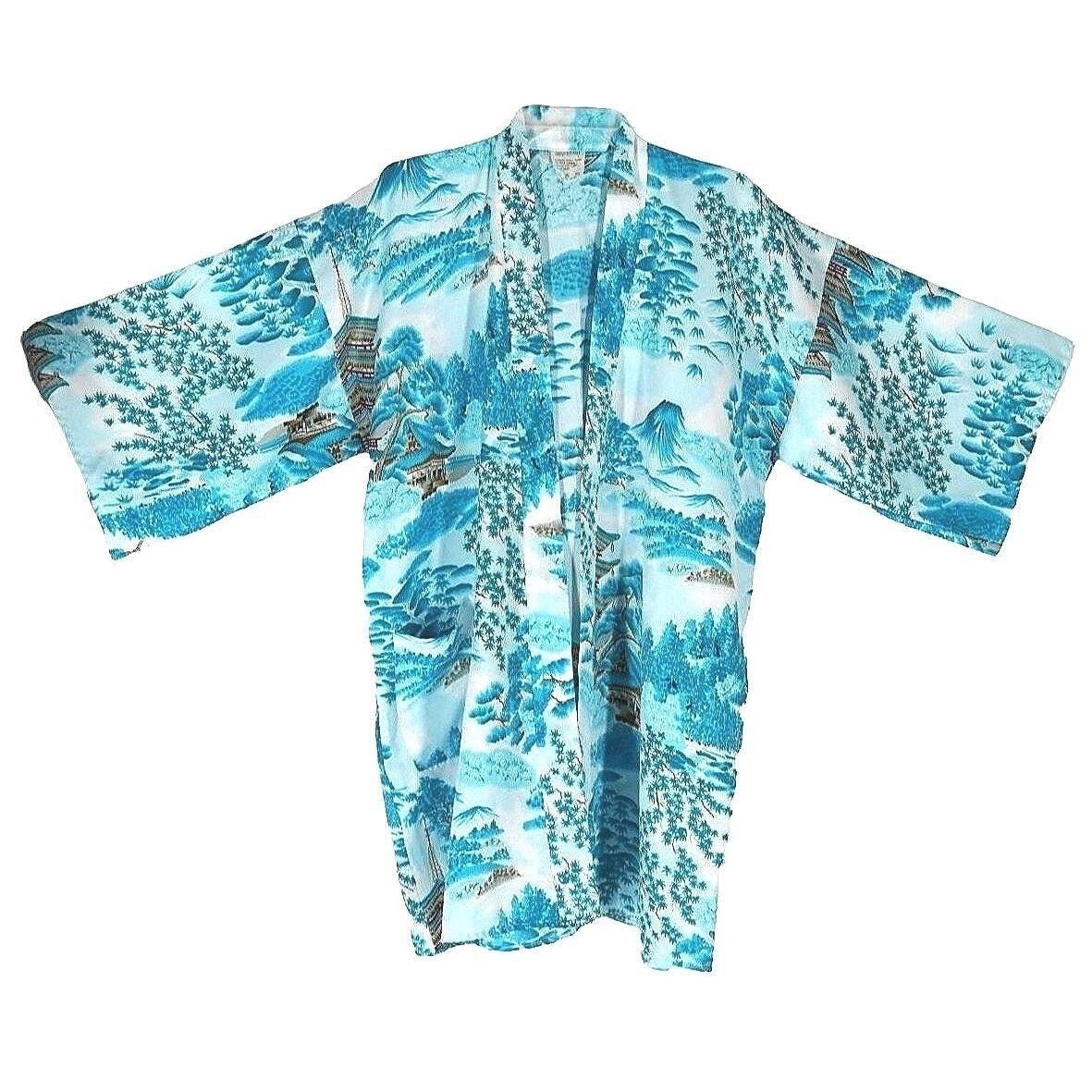 Vintage Japanese Kimono Robe Women Medium Turquoise White Landscape Made Japan