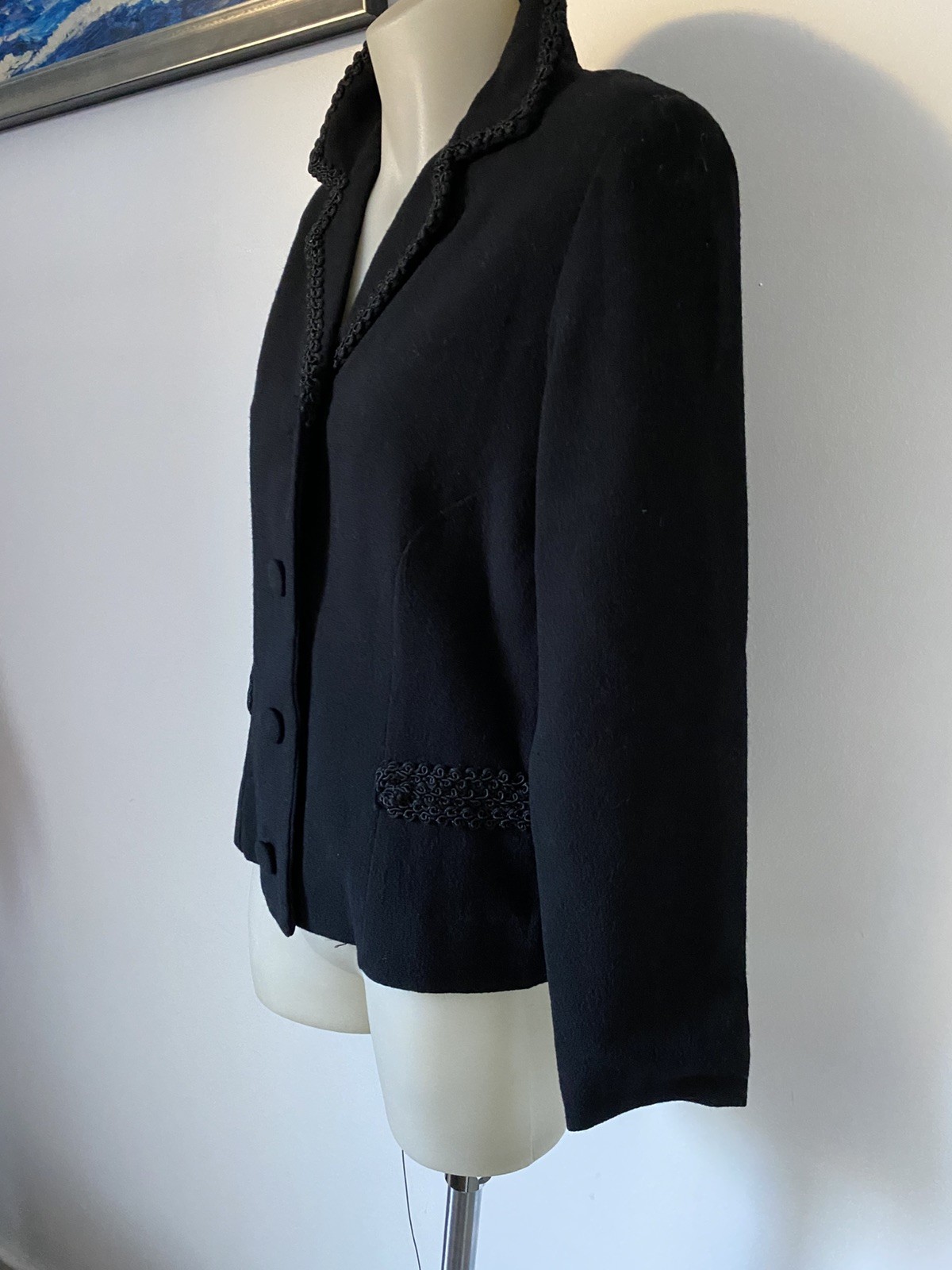 50,s Black Wool Crepe Braided Jkt.38” Bust