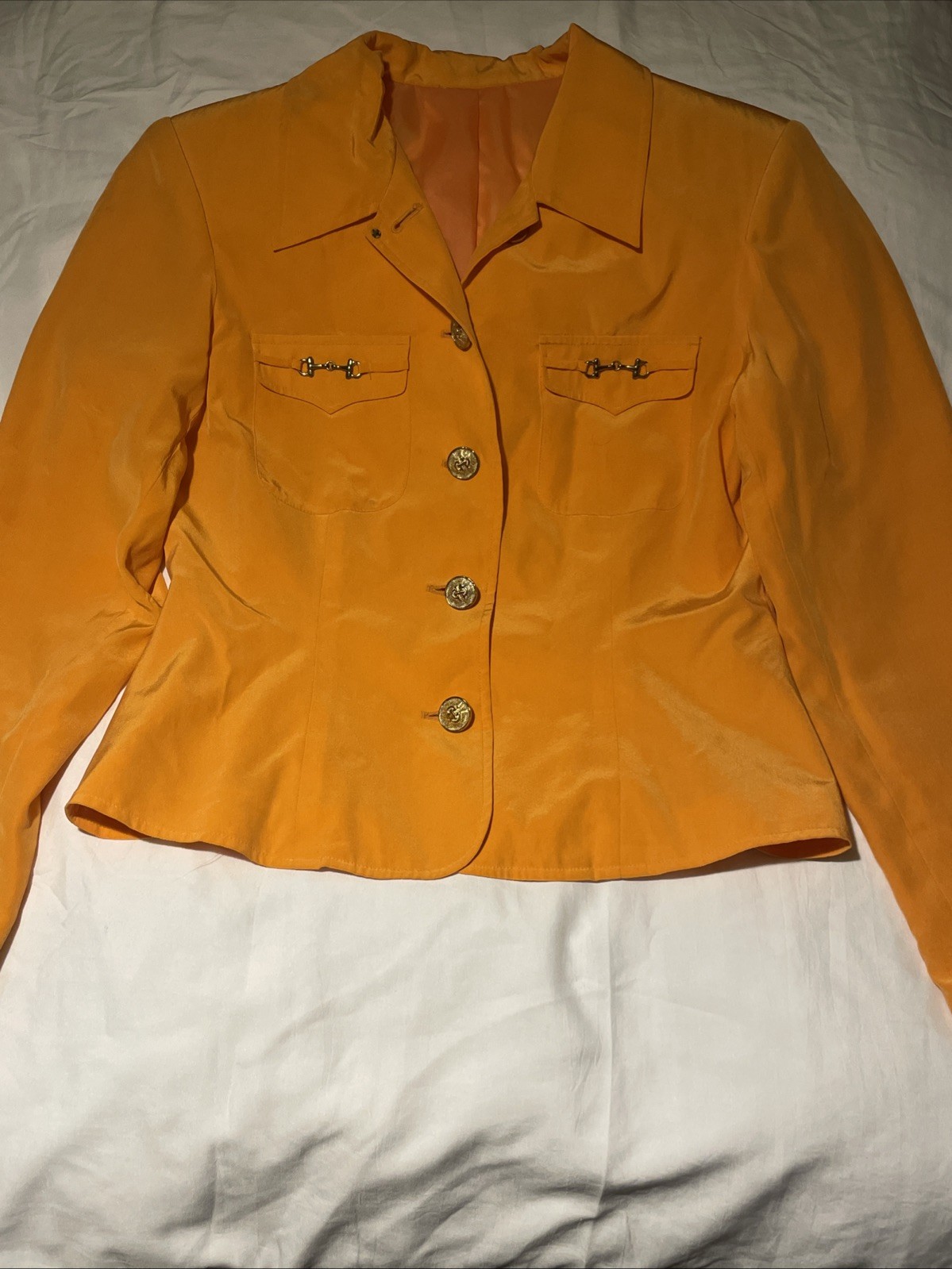 Vintage 100% Silk Mobwife Office Siren Orange Button Down Blazer ￼