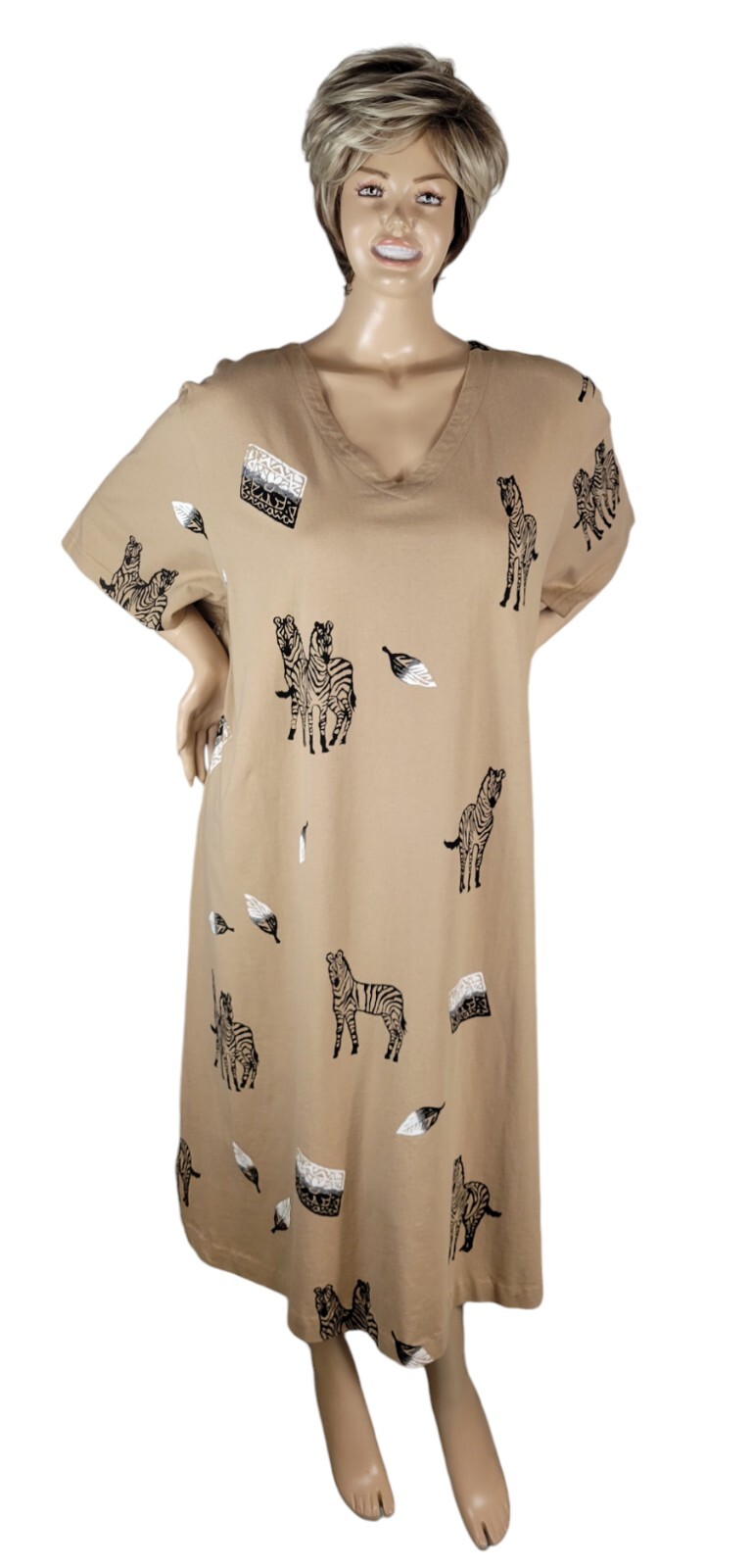 Vintage Copa Cabana Original Tan Safari Black White Zebra Cotton Shirt Dress 4X