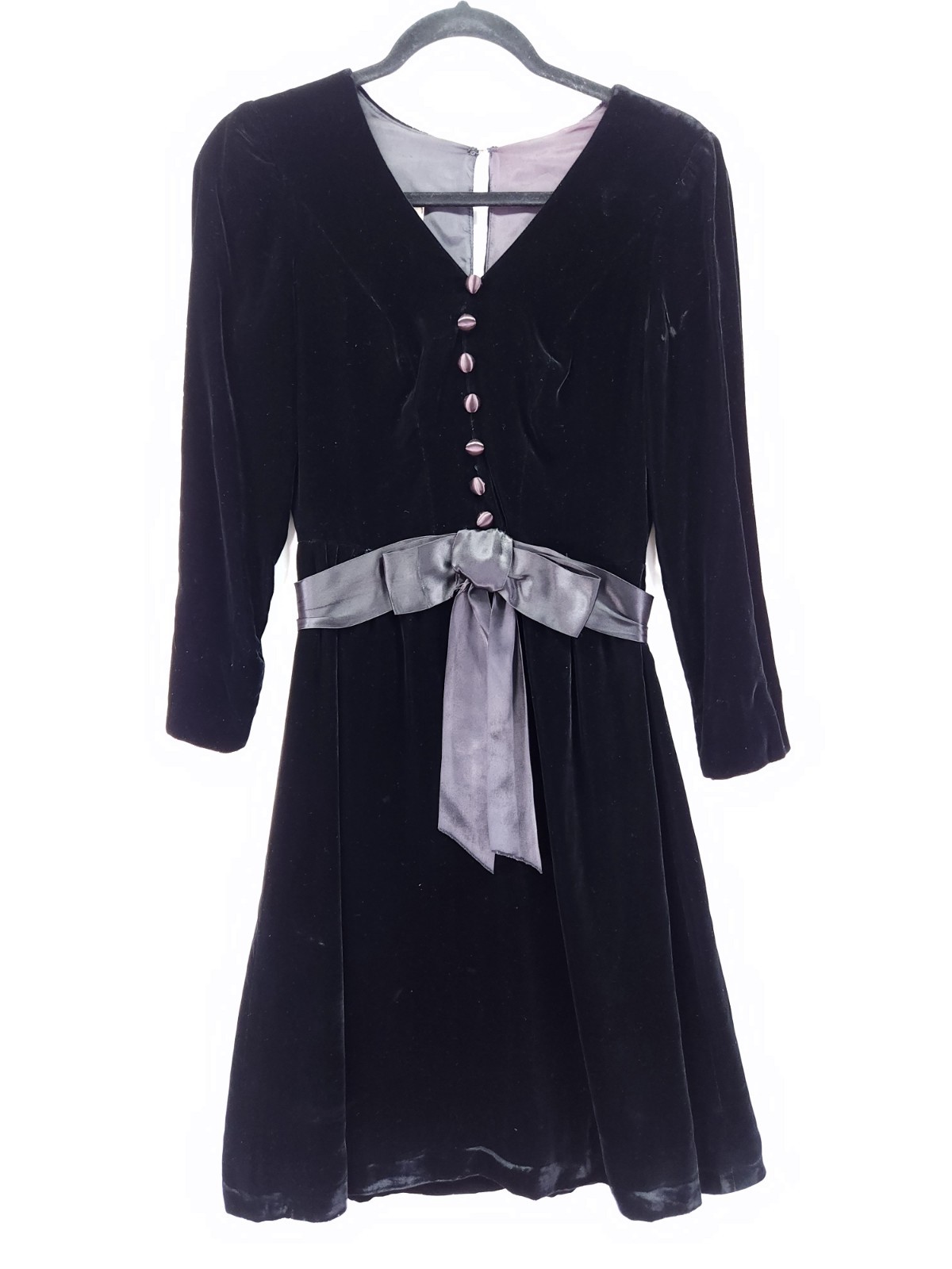 Joanna Nelson Vintage Black Velvet Dress Size Small Satin Bow Midi Party Formal