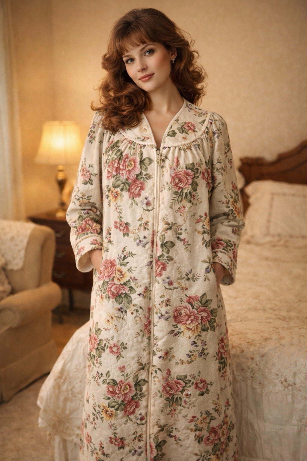 Vintage Leisure Life Floral Quilted Housecoat Robe 70s Half Zip Cottagecore