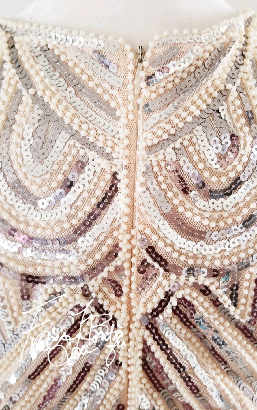 VINTAGE 60s 70s BEADED PEARL SEQUIN FRINGE FLAPPER DRESS SZ M 6 8