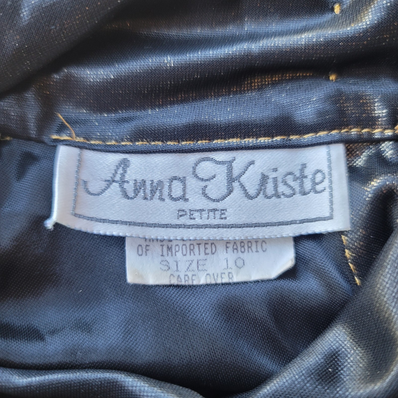 Vintage Anna Kriste Blouse Shirt – Size 10 Petite – Black Gold High Neck Shiny