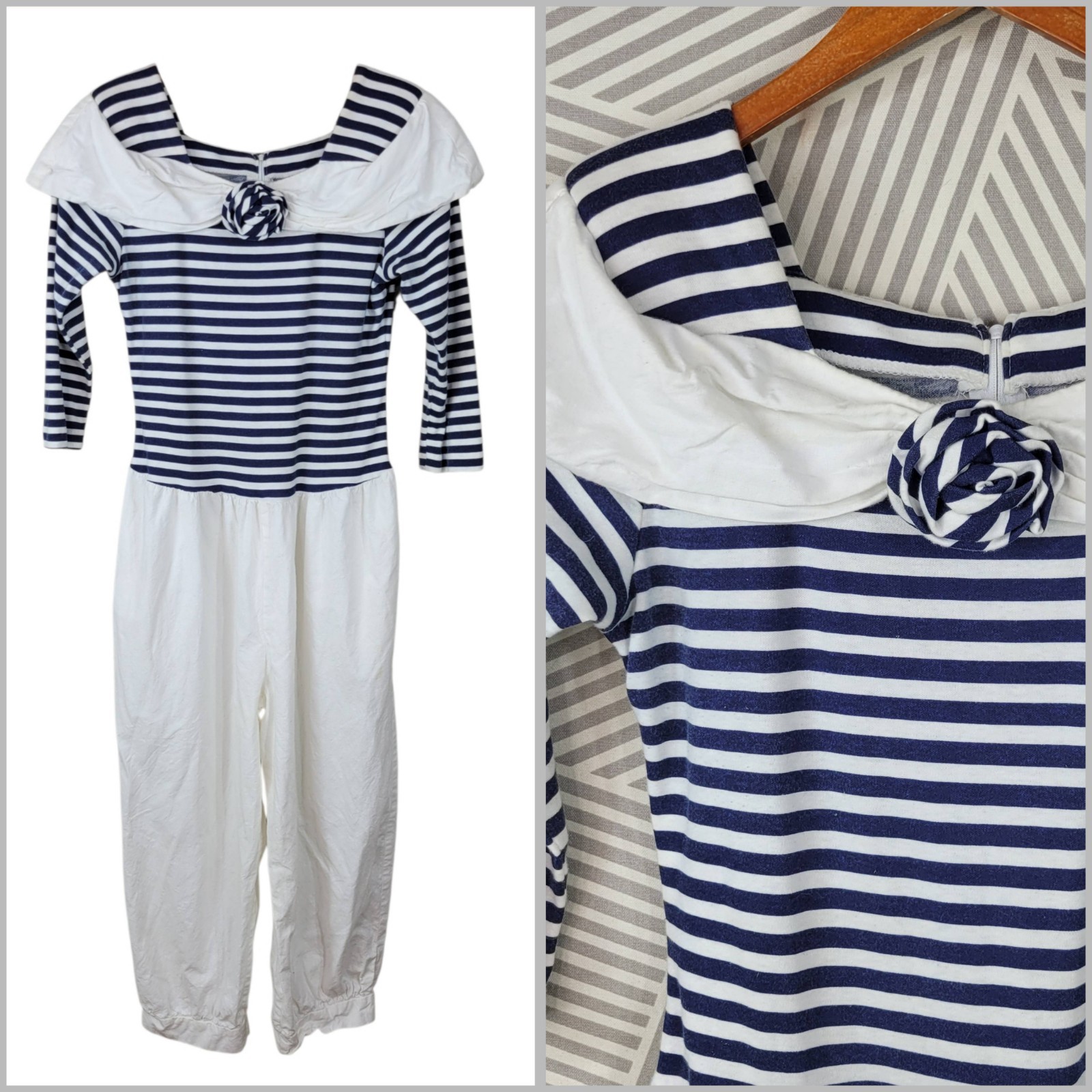 Vintage 80s Navy Sailor Romper Sz 4 6 Nautical Preppy Playsuit Costume Jumpsuit