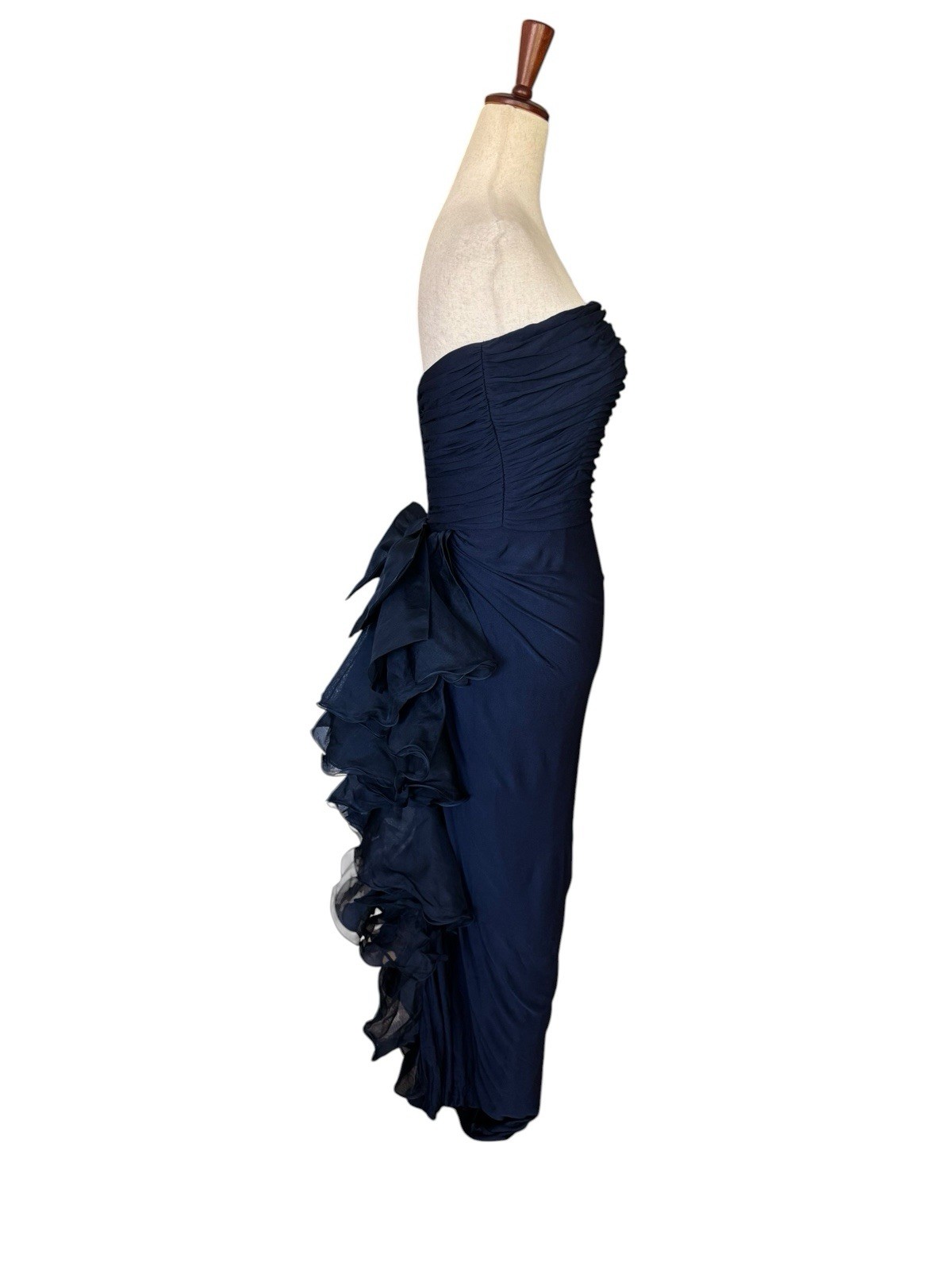 Vintage 70s 80s Jill Richards Strapless Navy Ruffle Bow Maxi Evening Dress Gown