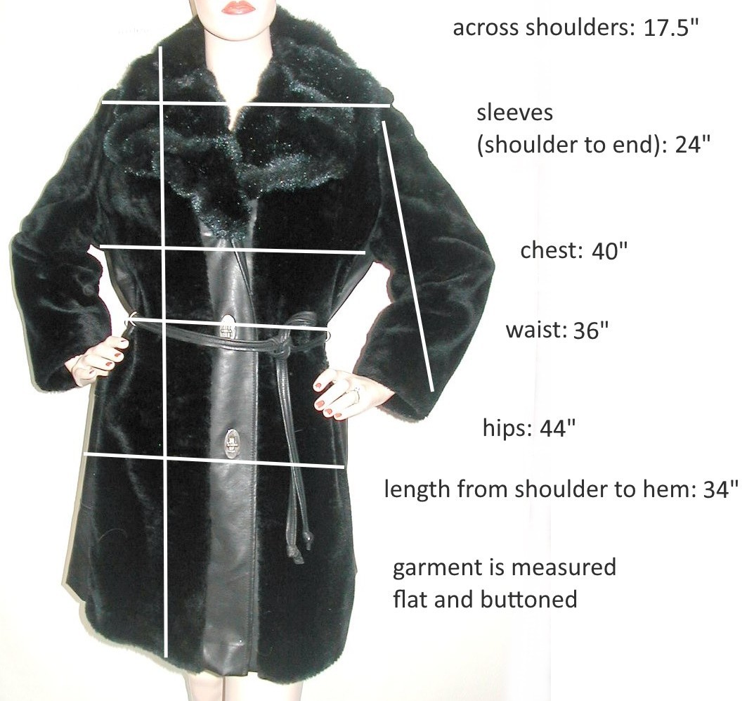 Vintage 1960s BLACK FAUX FUR COAT w/ Faux Leather Trim 40B TWIST LOCK Closures