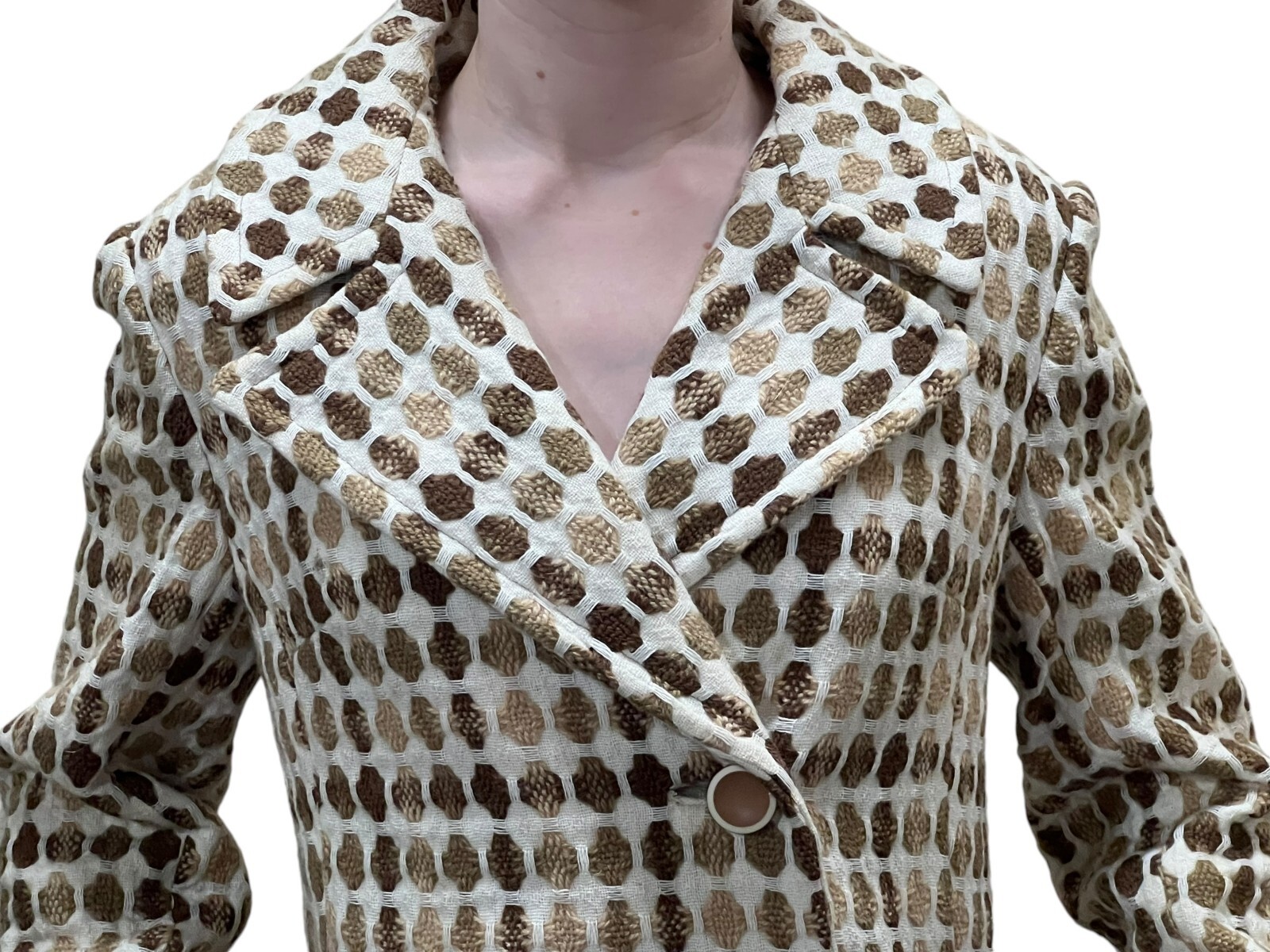 Sz S~M Vtg 60s Coat Ivory Tan Nubby Woven Asymmetrical Betty Rose Princess Seam