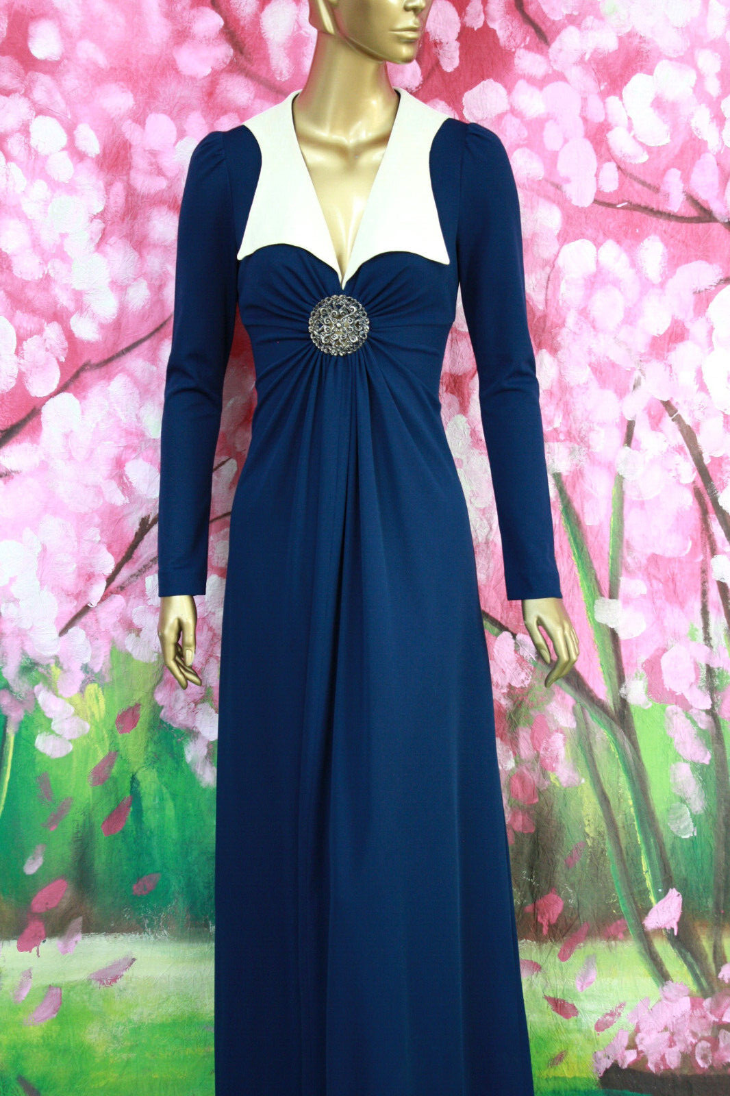 Vtg 70s Boho Hippie Ruched Maxi dress Blue Cutout Medallion CORKY CRAIG XS S/M
